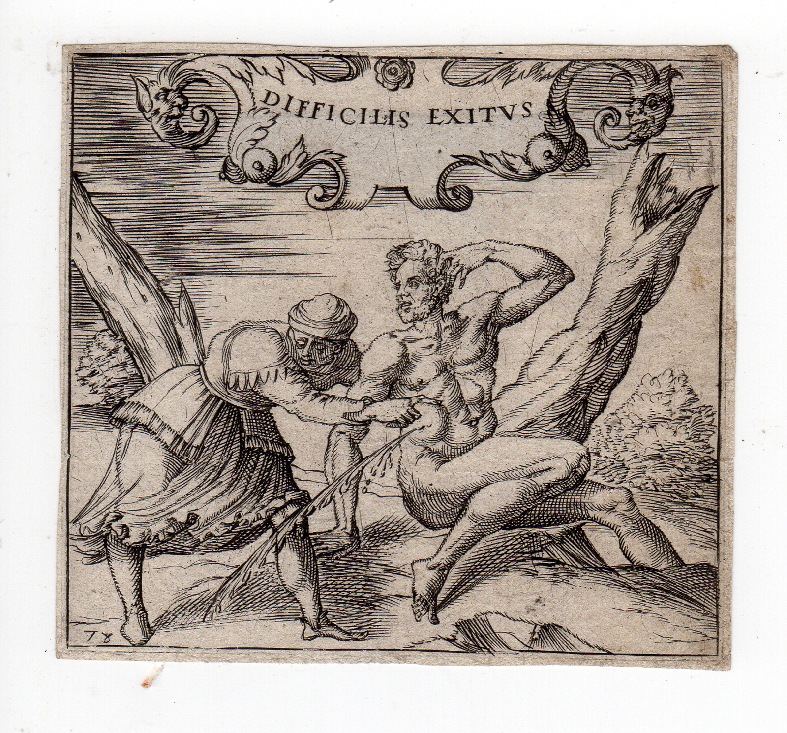 , Rare-Antique Master Print-NUDE-MAN-WOMAN-DIFFICULTY-HEALING-de Montenay-1567, Pictura Antique Prints