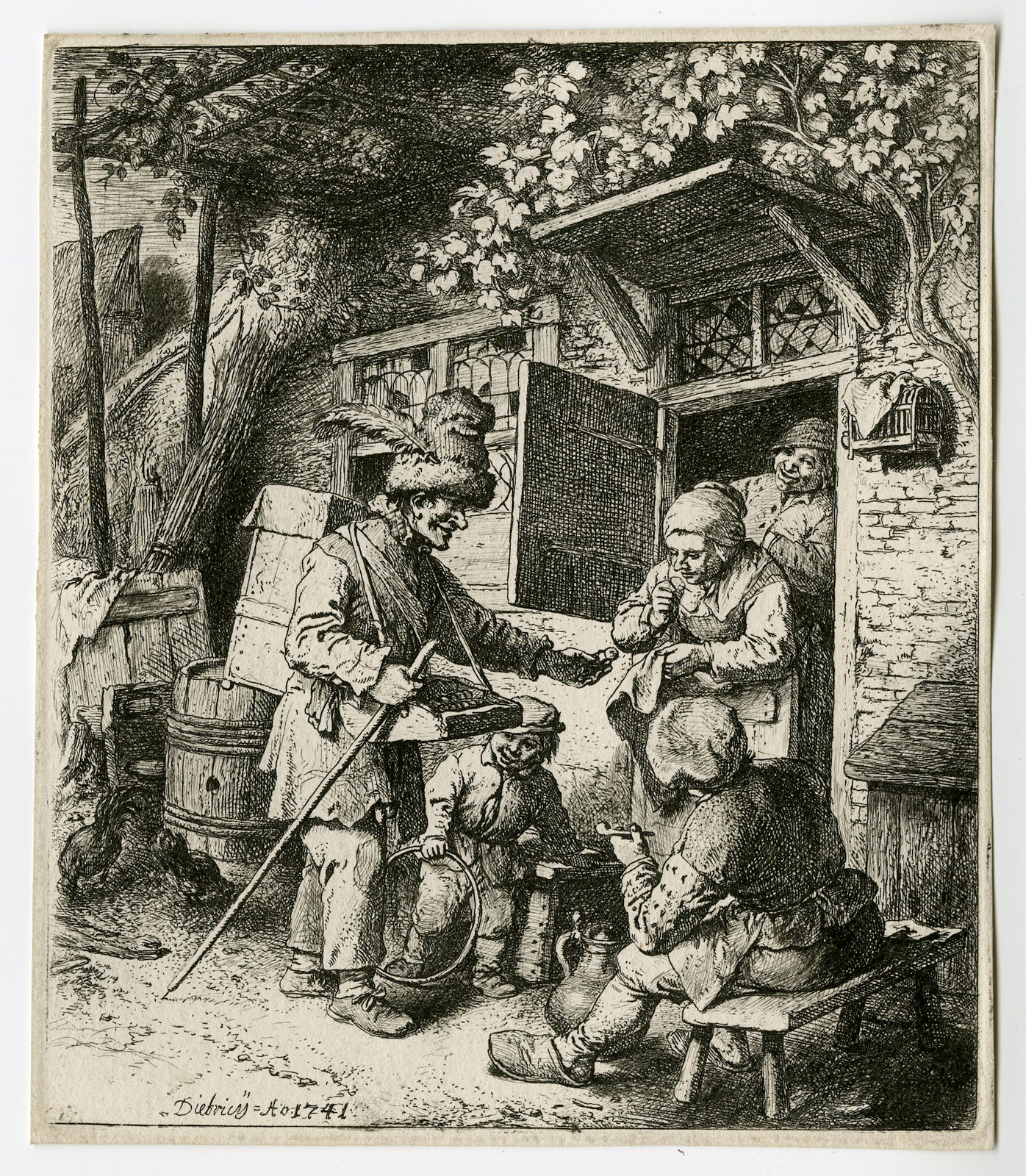 , Antique Master Print-PEDDLAR-VILLAGERS-COTTAGE-Dietrich-Ostade-1741, Pictura Antique Prints