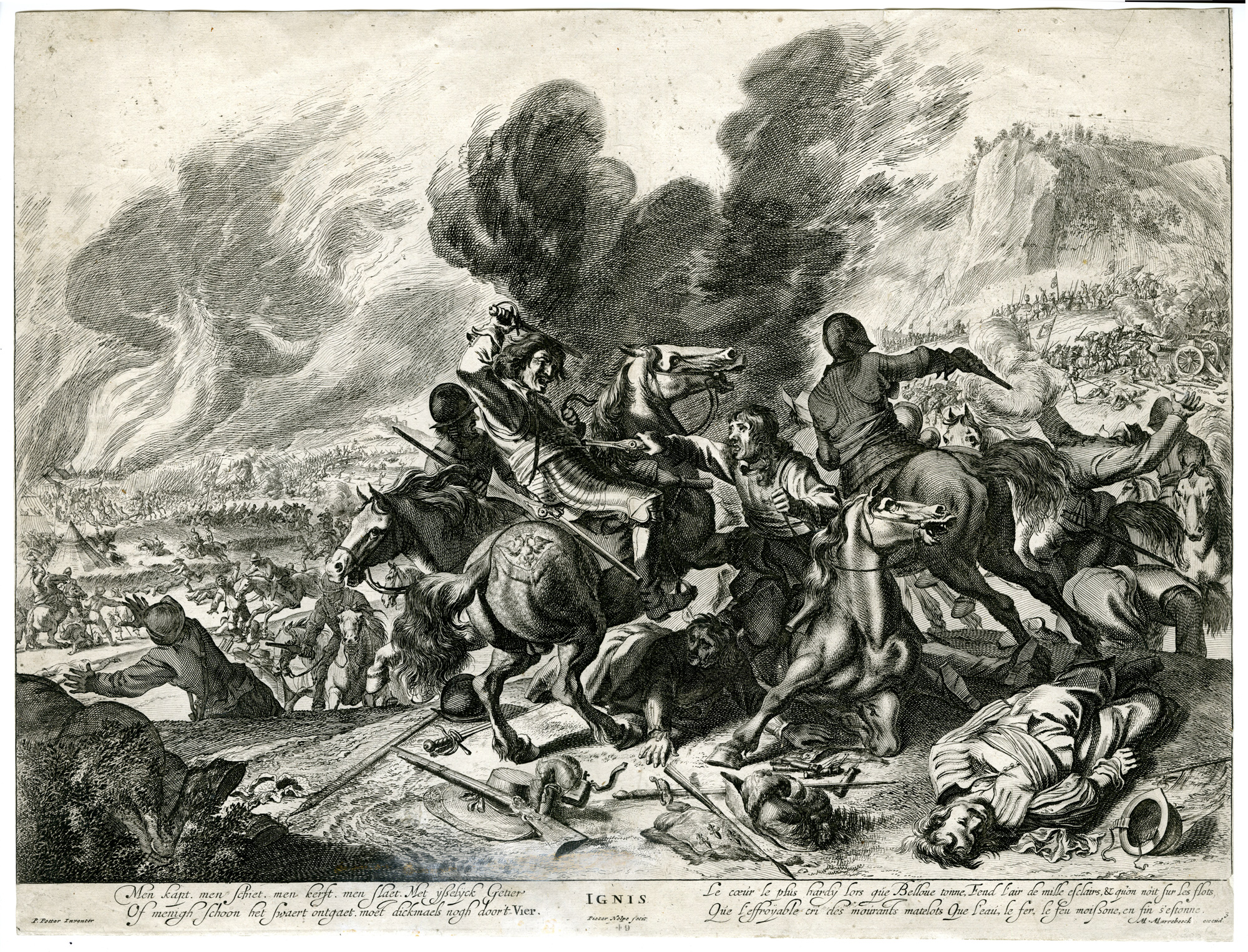 , Rare-Antique Master Print-MILITARY BATTLE-FIRE-IGNIS-Nolpe-Potter-c. 1680, Pictura Antique Prints