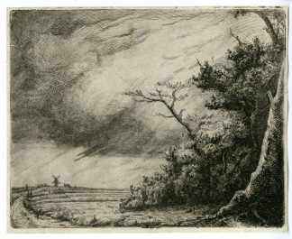 Antique Master Print-LANDSCAPE-WINDMILL-FOLIAGE-FIELD-CLOUDS-Anonymous-c.1750