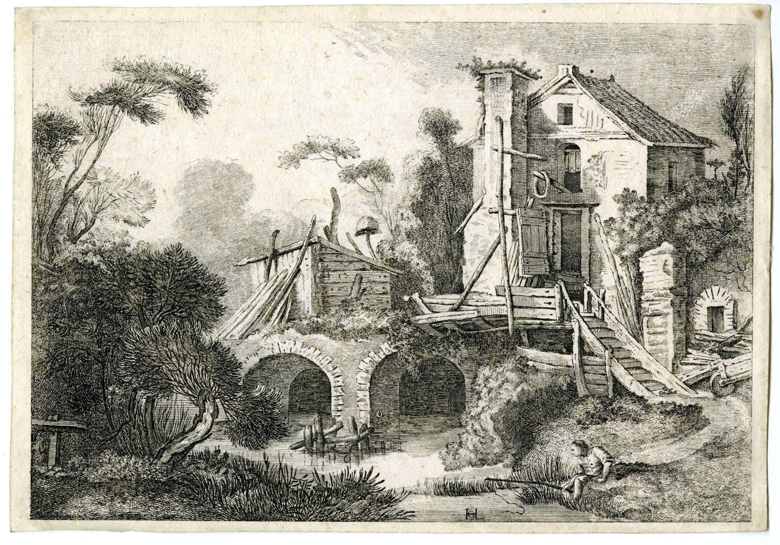 , Antique Master Print-OLD-FARM-STREAM-MARSEILLE-Hertel-Boucher-1750, Pictura Antique Prints