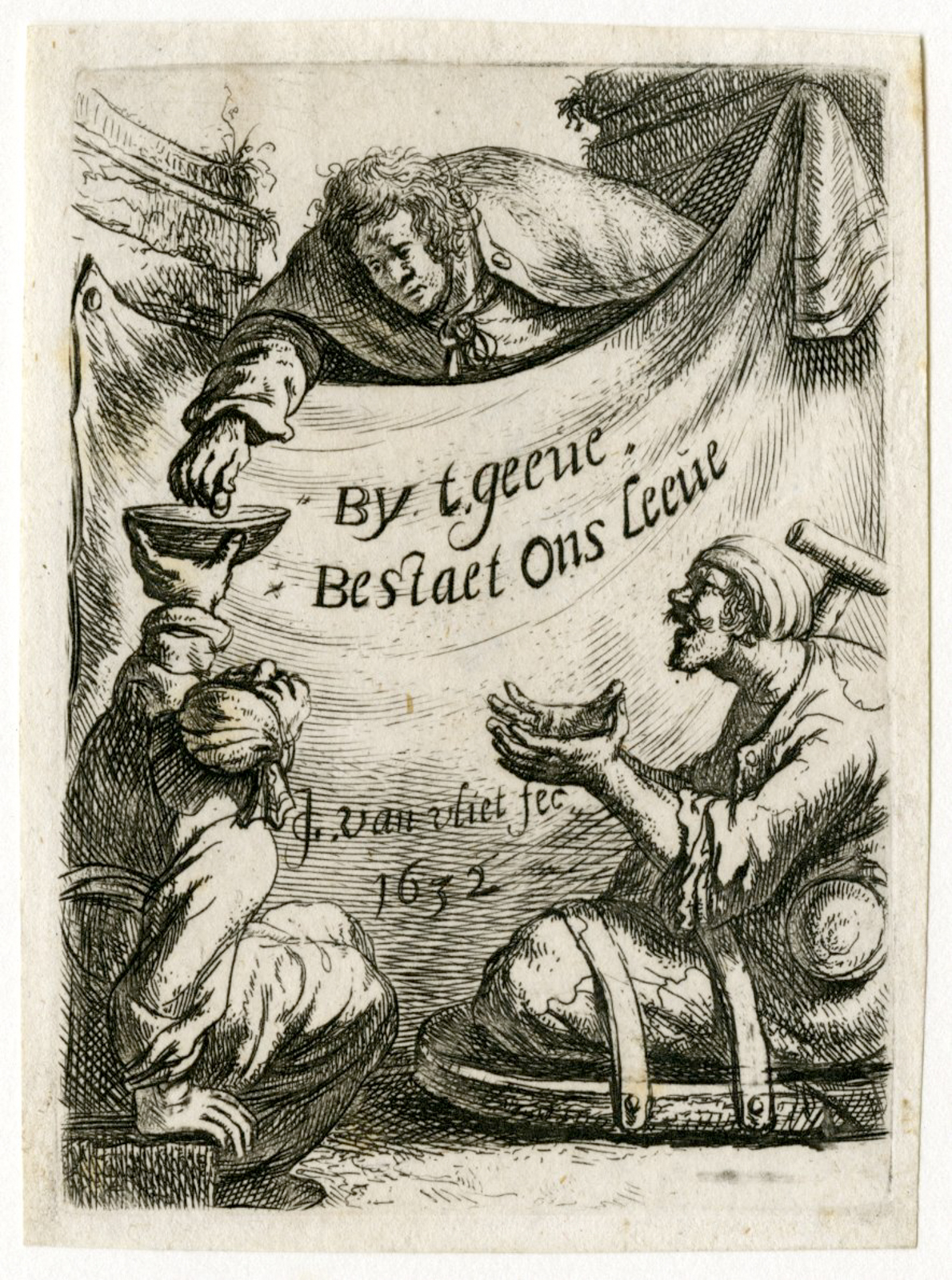 , Antique Master Print-TITLE-PAGE-TWO-CRIPPLES-RECEIVING-ALMS-Van Vliet-1632, Pictura Antique Prints