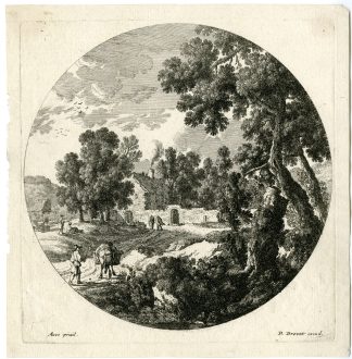 Antique Master Print-LANDSCAPE-SHEPHERDS-CATTLE-HOUSE-Perelle-c.1695