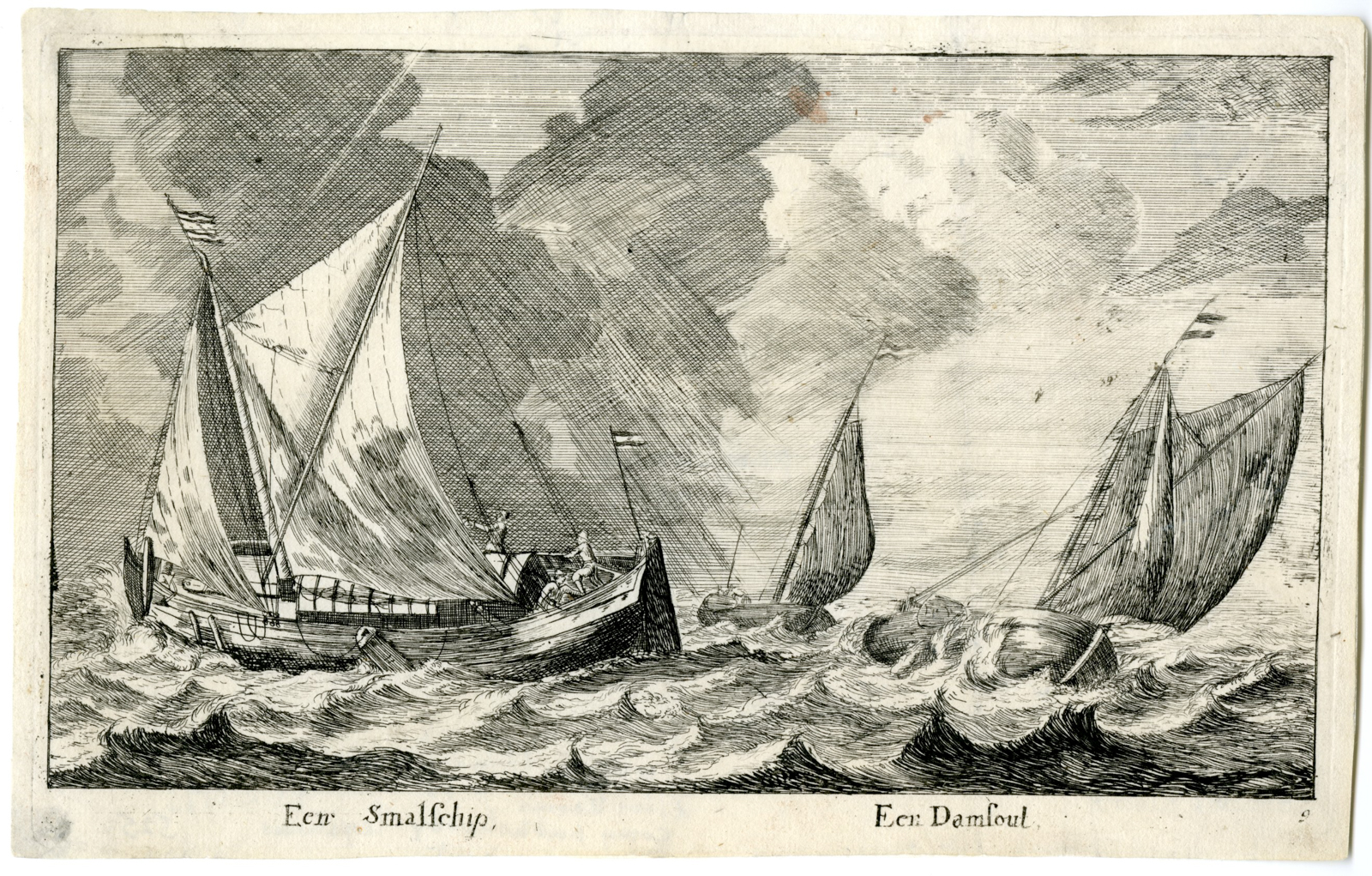 , Antique Master Print-SMALSCHIP-DAMSCHUIT-SHIPS-BOAT-STORM-Nooms-c.1652-1654, Pictura Antique Prints