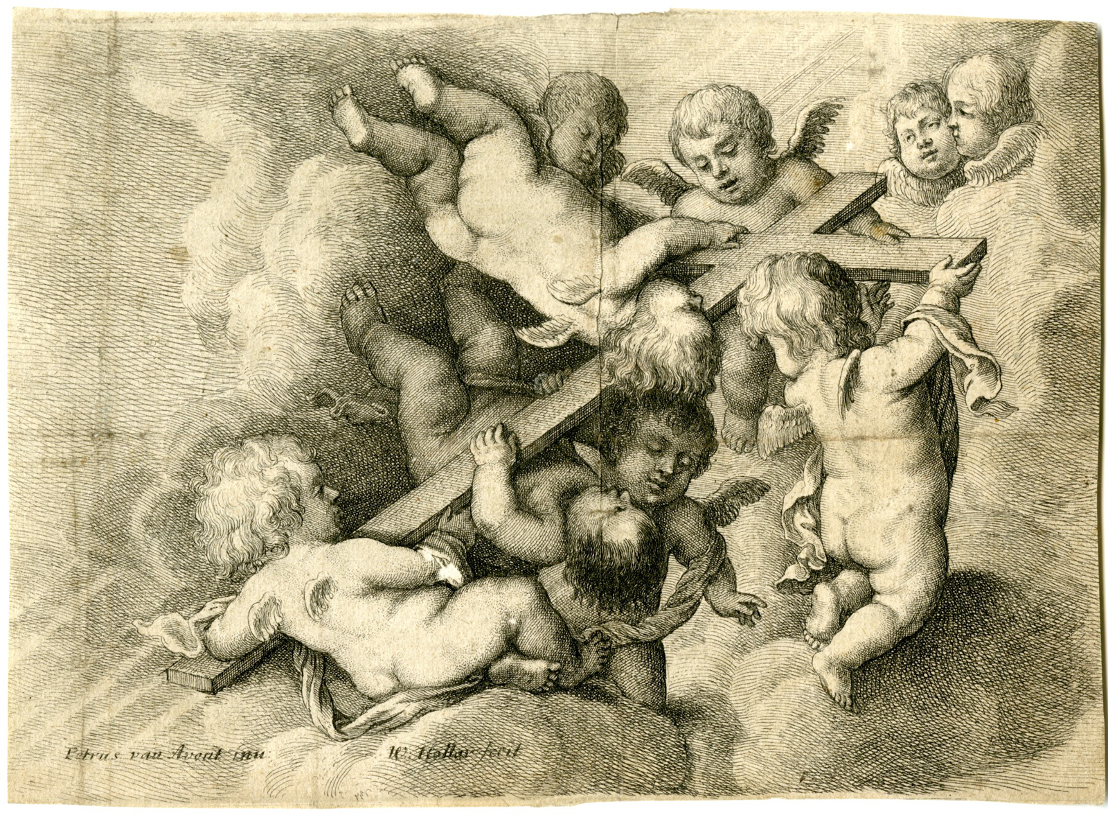 , Antique Master Print-PUTTI-CARRYING-CROSS-Hollar-van Avont-17th c., Pictura Antique Prints