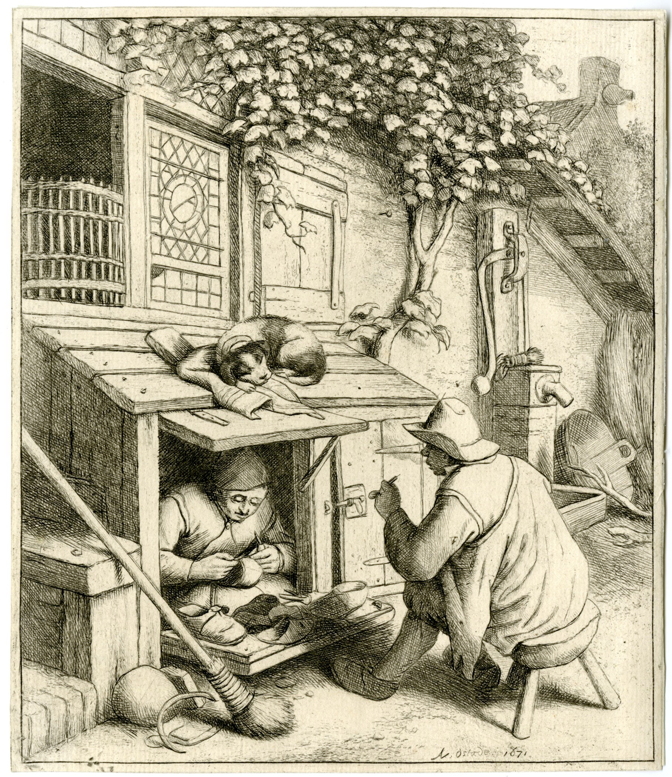 , Antique Master Print-SHOEMAKER-DOG-van Ostade-1671, Pictura Antique Prints