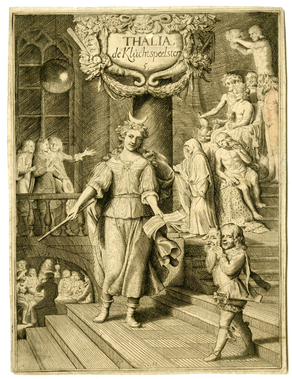 , Antique Print-THALIA-MUSE-FARCE-PLAYER-van Hoogstraten-1678, Pictura Antique Prints
