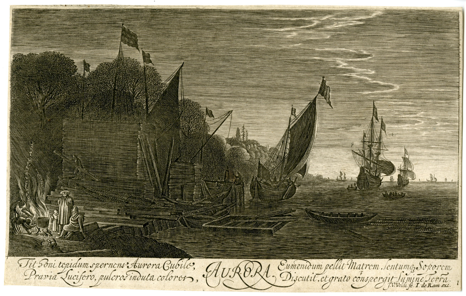 , Antique Master Print-AURORA-SUNRISE-MARINE COASTAL VIEW-van de Velde-17th c., Pictura Antique Prints
