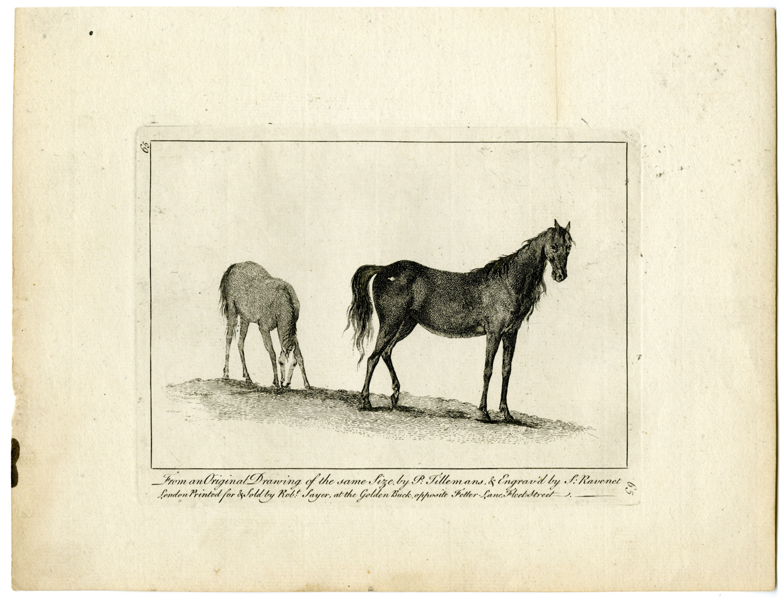 , 2-Antique Master Prints-DRAWING-EXAMPLE-HORSE-MARE-FOAL-Ravenet-Tillemans-1762, Pictura Antique Prints