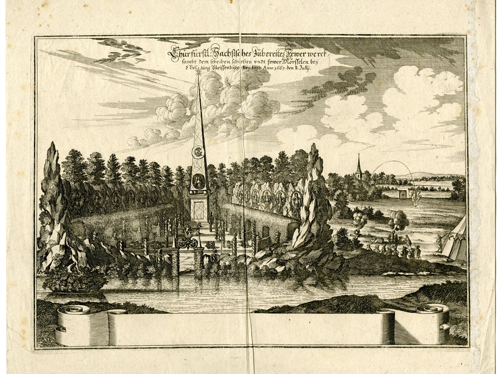 , 2-Antique Master Prints-FIREWORKS-DAY-NIGHT-ELECTOR-JOHANN GEORG-Merian-1677, Pictura Antique Prints