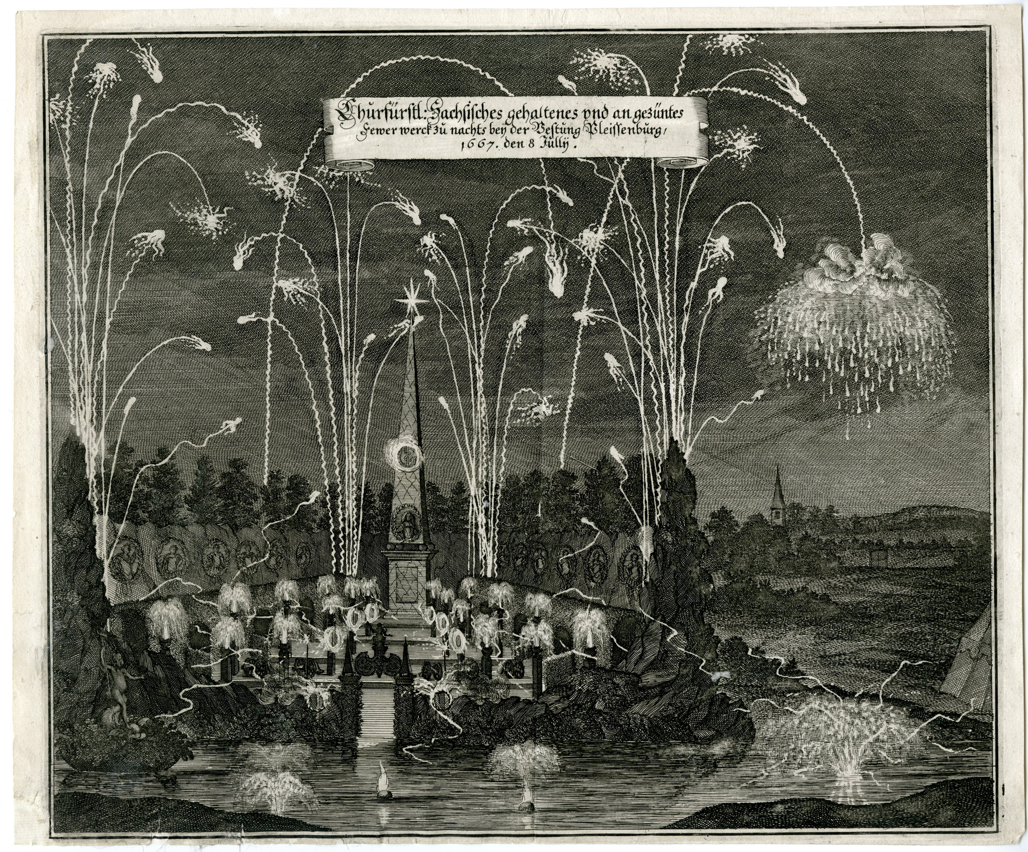 , 2-Antique Master Prints-FIREWORKS-DAY-NIGHT-ELECTOR-JOHANN GEORG-Merian-1677, Pictura Antique Prints
