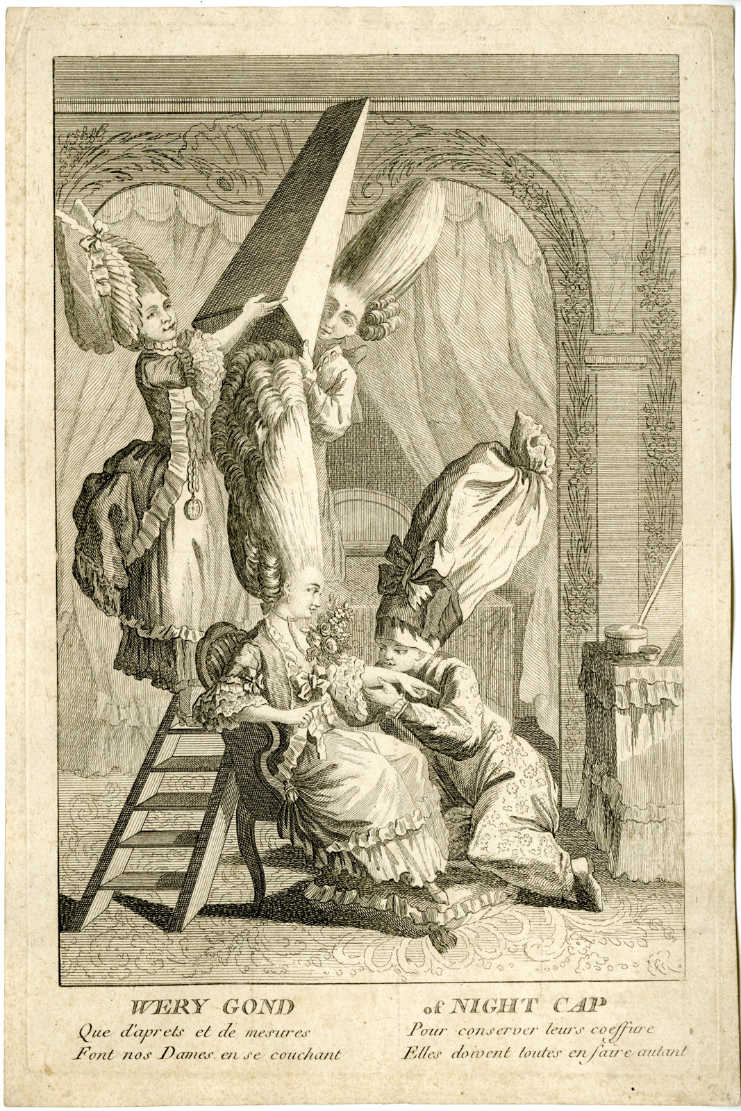 , Antique Master Print-SATIRE-COIFFURES-FRENCHWOMAN-WERY-GOND-NIGHT CAP-Darly-1776, Pictura Antique Prints