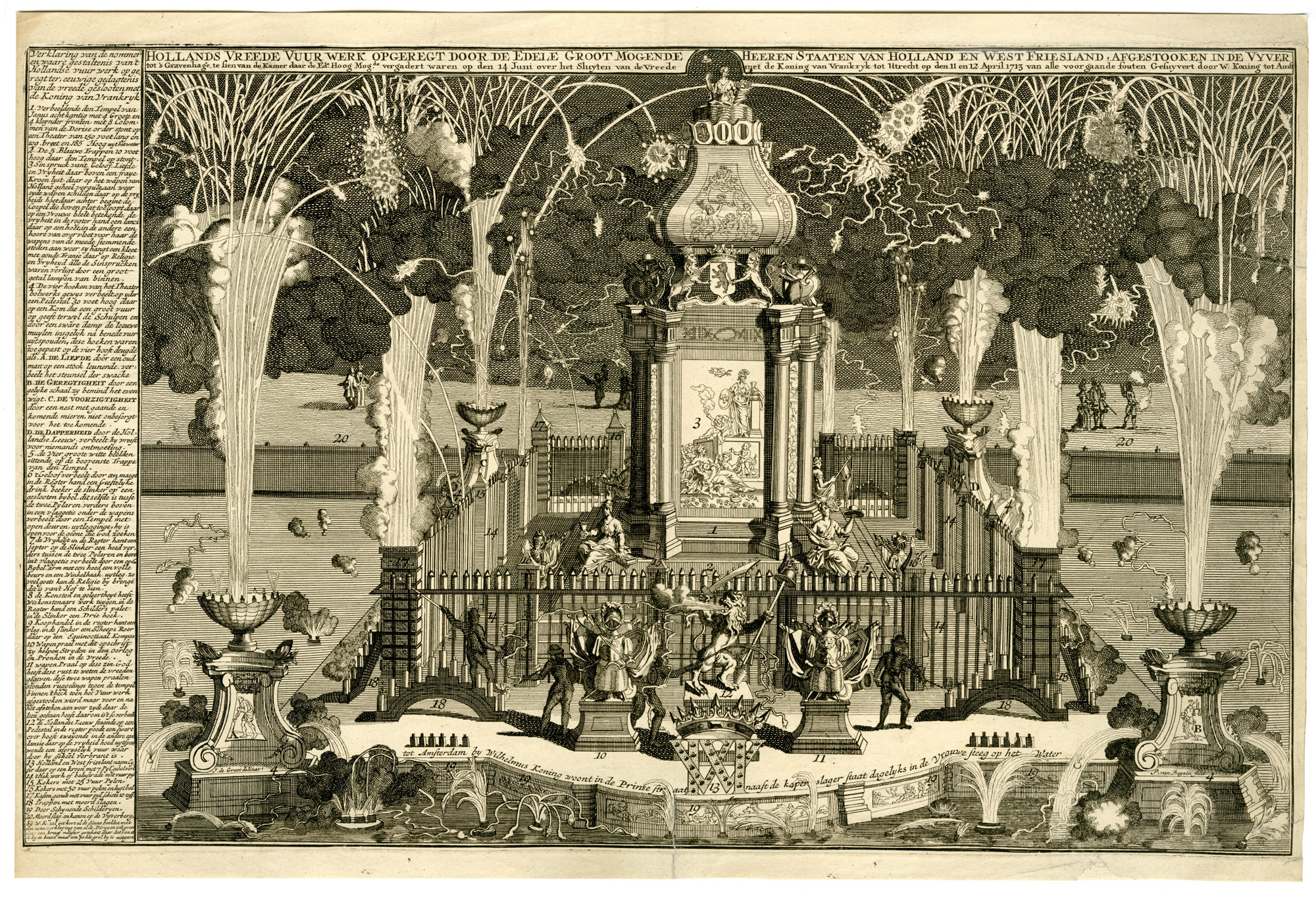 , Antique Print-FESTIVITIES-FIREWORKS-TREATY OF UTRECHT-van Buysen-Groot-1713, Pictura Antique Prints