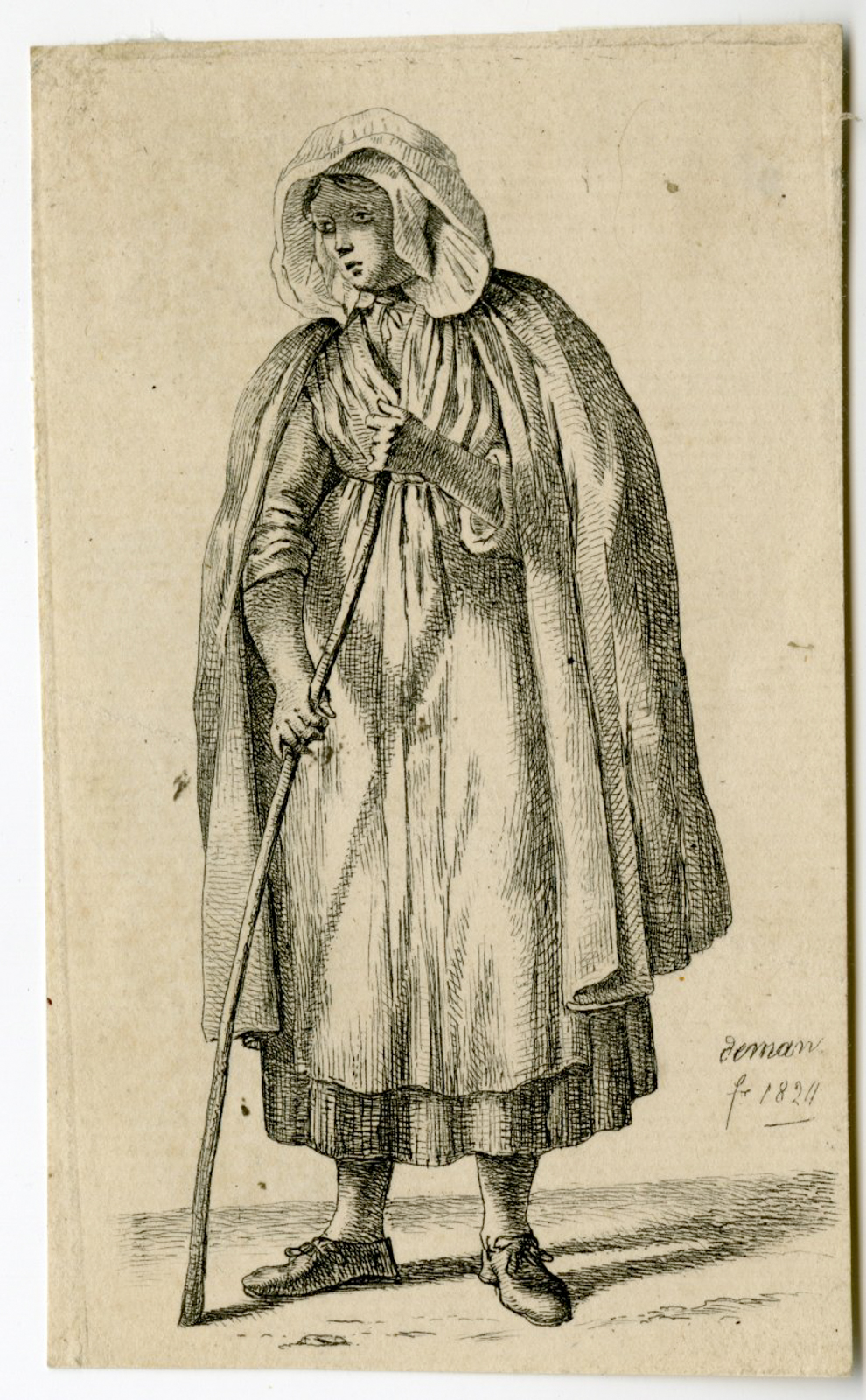, Antique Master Print-CAPE-WOMAN-WALKING-STICK-WALLOON-FARMER-WIFE-de Man-1824, Pictura Antique Prints