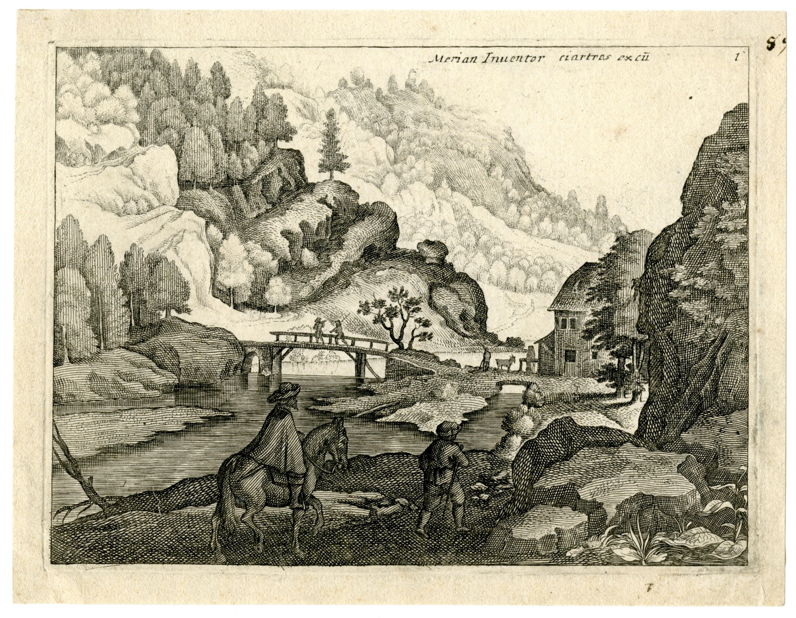, Antique Master Print-LANDSCAPE-TOPOGRAPHIC-ROCKY-TERRAIN-STREAM-Merian-c.1620, Pictura Antique Prints
