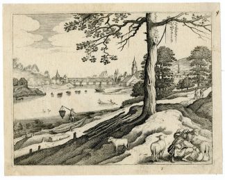 Antique Master Print-LANDSCAPE-TOPOGRAPHIC-SHEPHERDS-RIVER-FISHERS-Merian-c.1620