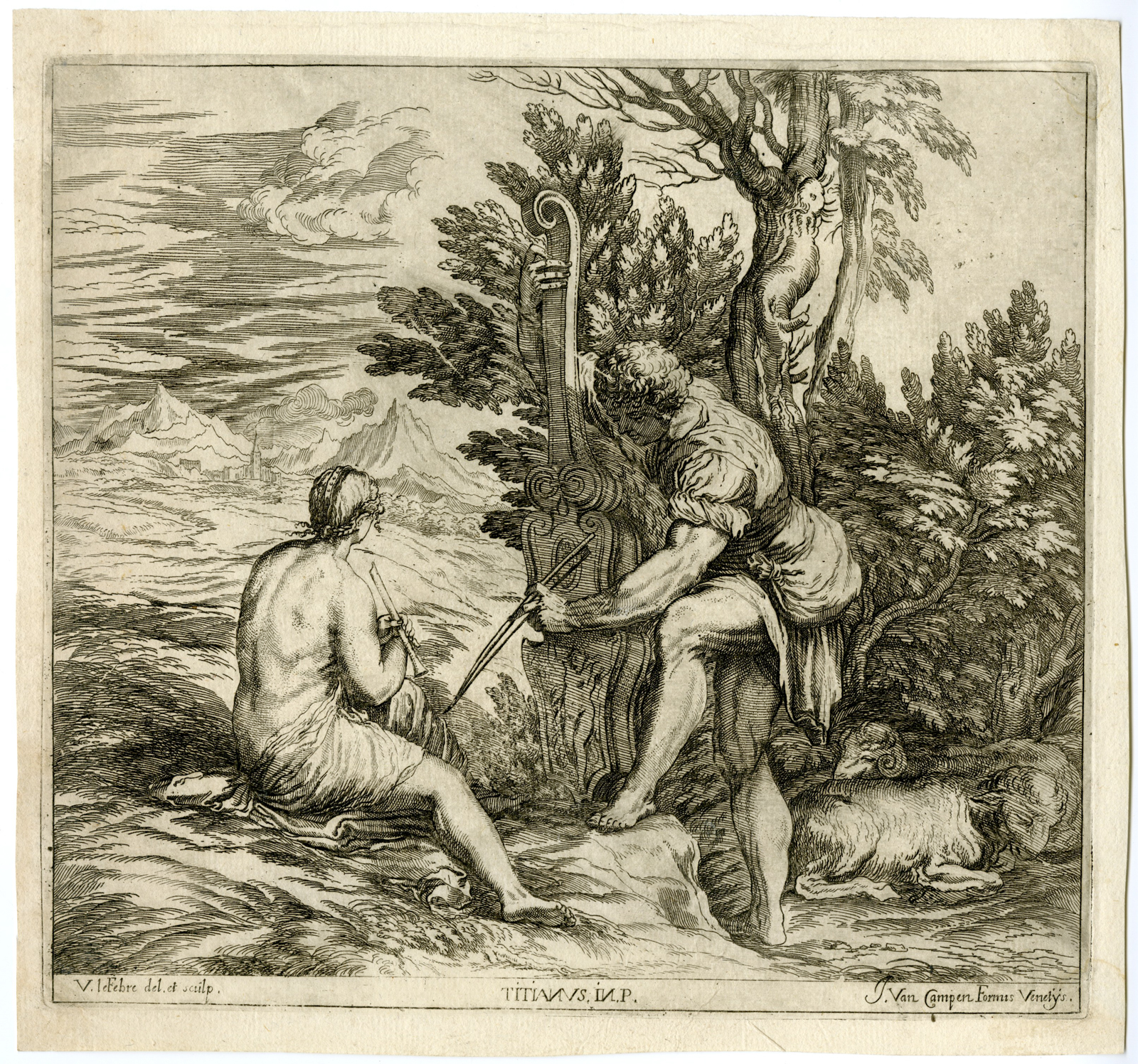 , Antique Master Print-YOUNG-MAN-VIOLA DA GAMBA-WOMAN-LANDSCAPE-Lefebre-c.1642-80, Pictura Antique Prints