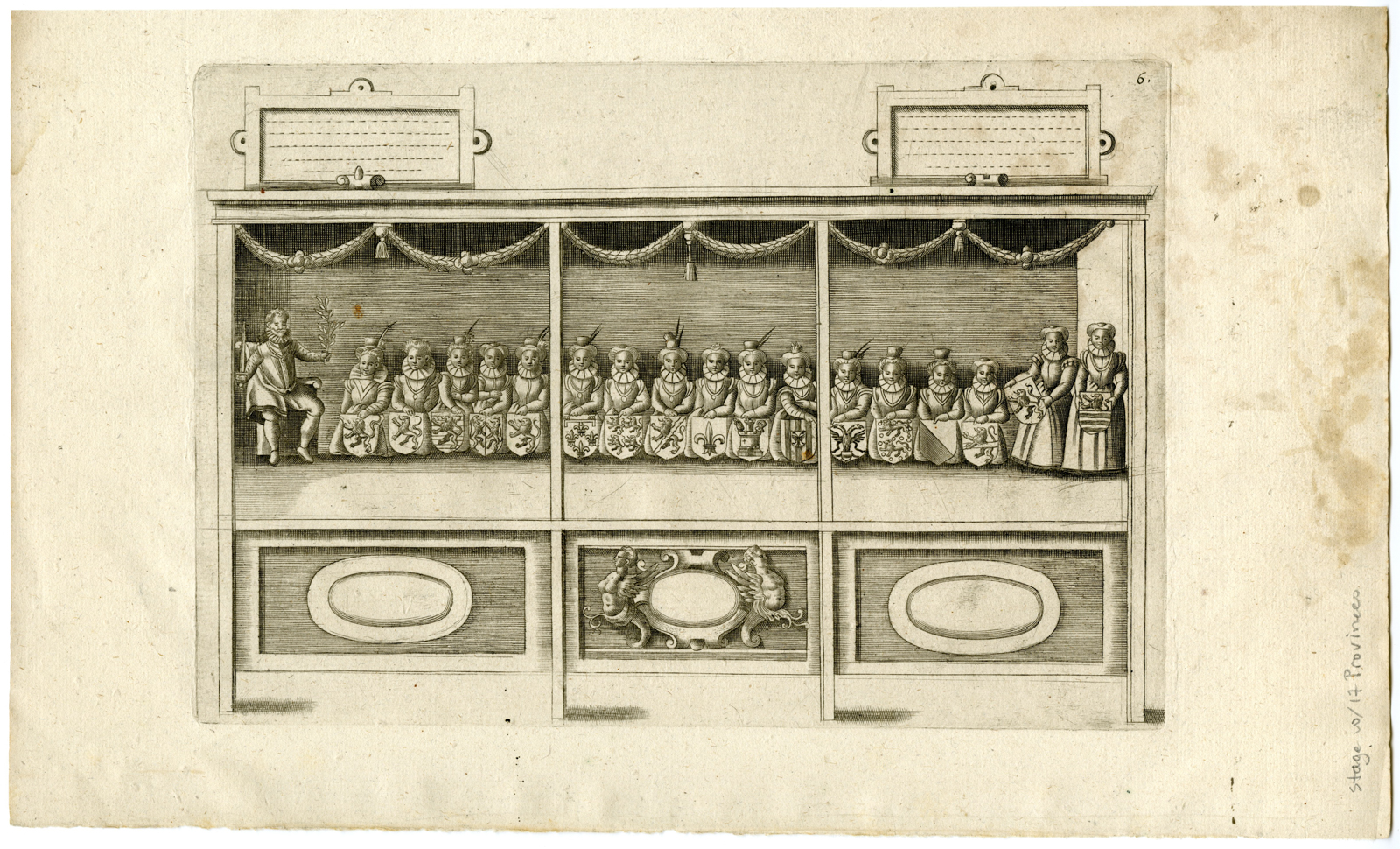 , Antique Master Print-STAGE WITH MUSES-17 PROVINCES-Mommaert-1594, Pictura Antique Prints