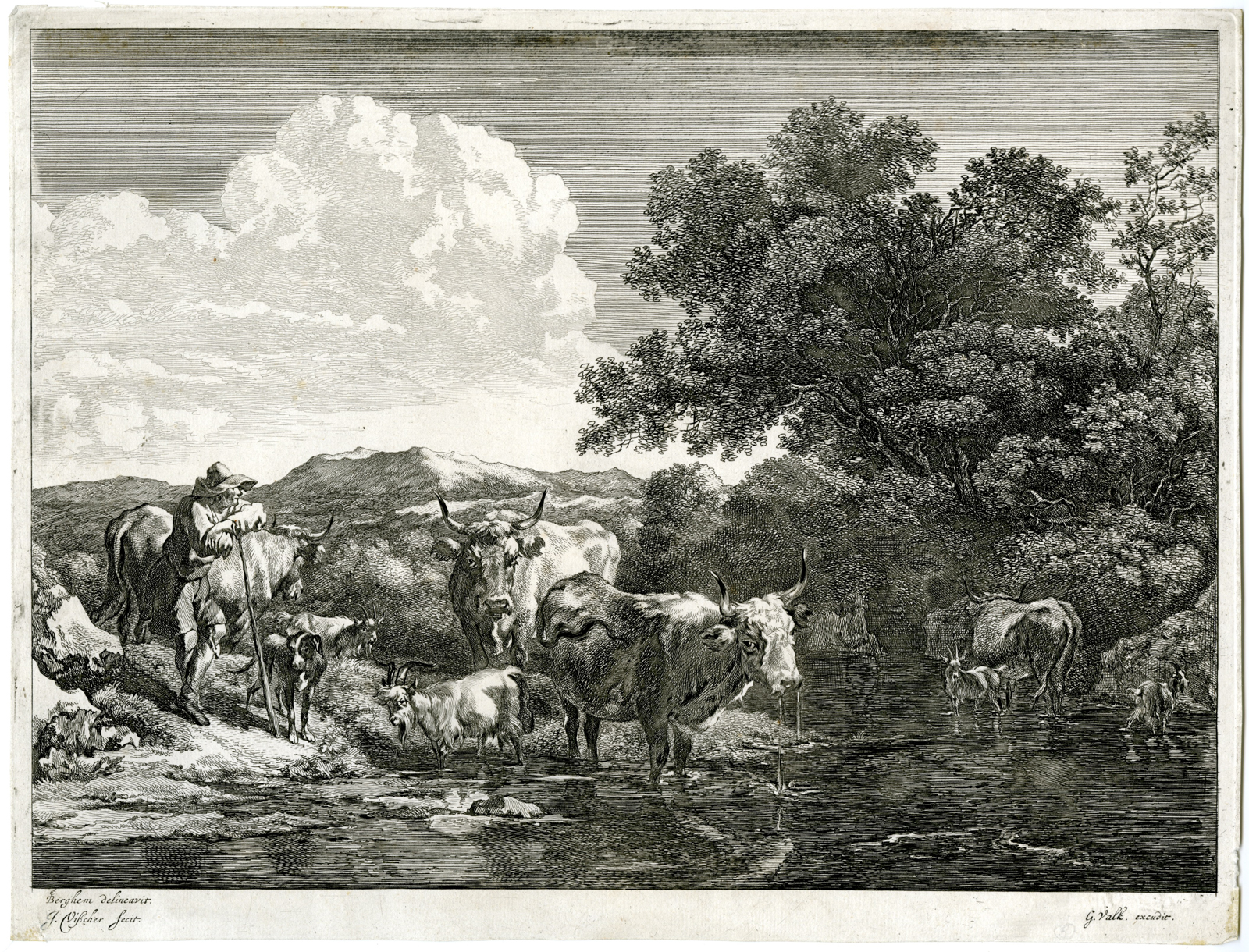 , Antique Master Print-SHEPHERD-POND-COWS-GOATS-Visscher-Berchem-c.1692, Pictura Antique Prints