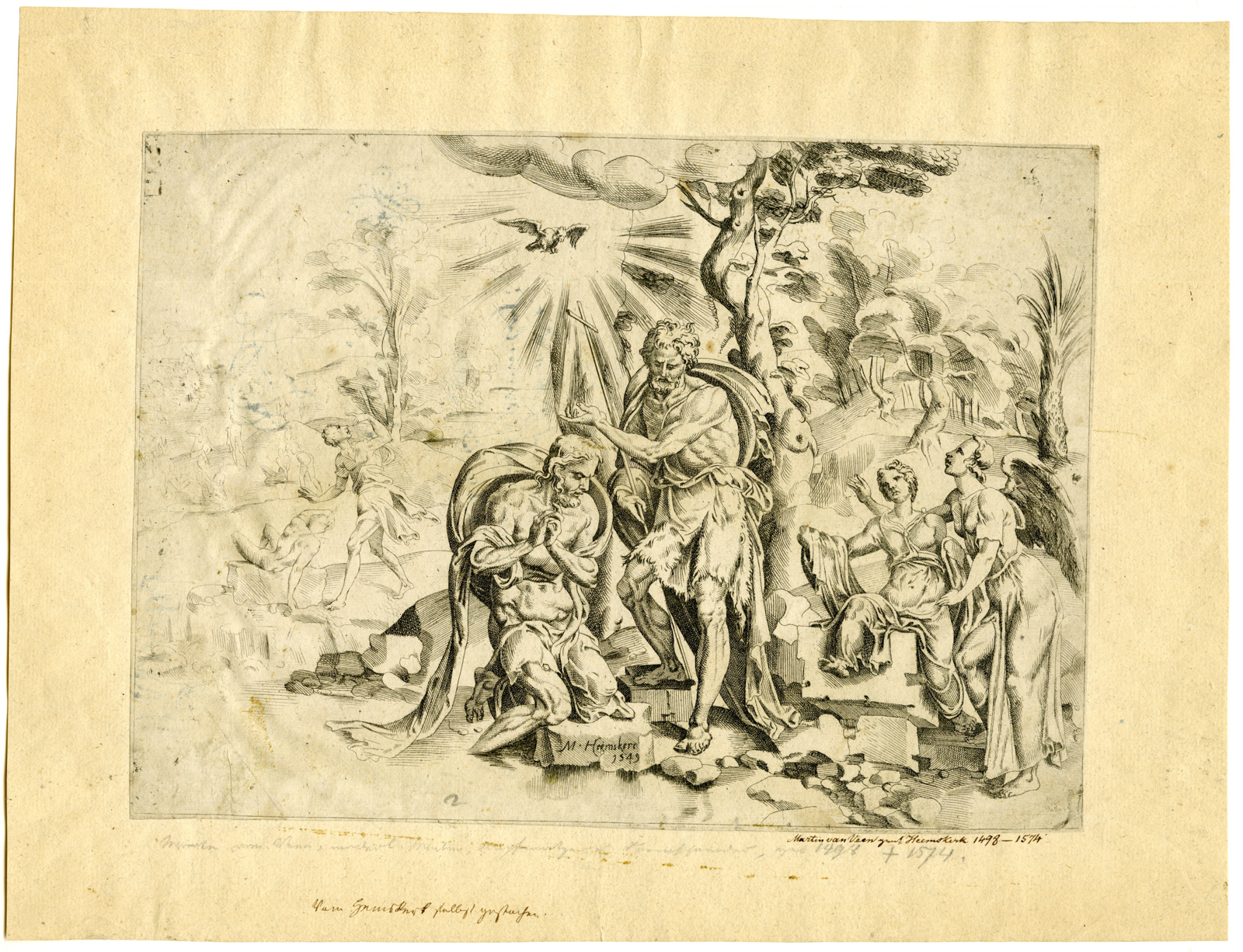 , Rare-Antique Master Print-BAPTISM CHRIST-JORDAN RIVER-Coornhert-Heemskerck-1549, Pictura Antique Prints