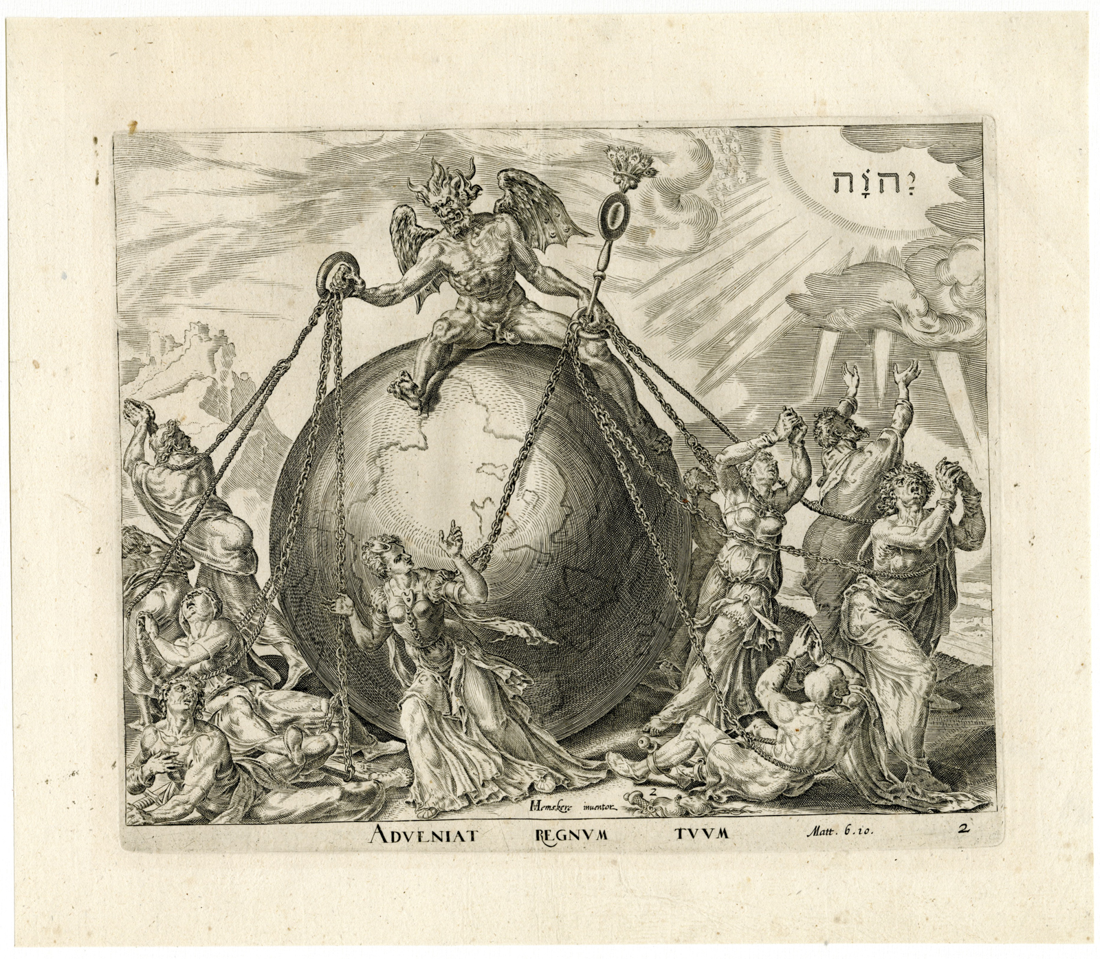 , Antique Master Print-MAN-DELIVER-DEVIL-GLOBE-OUR FATHER-Wierix-Heemskerck-1643, Pictura Antique Prints