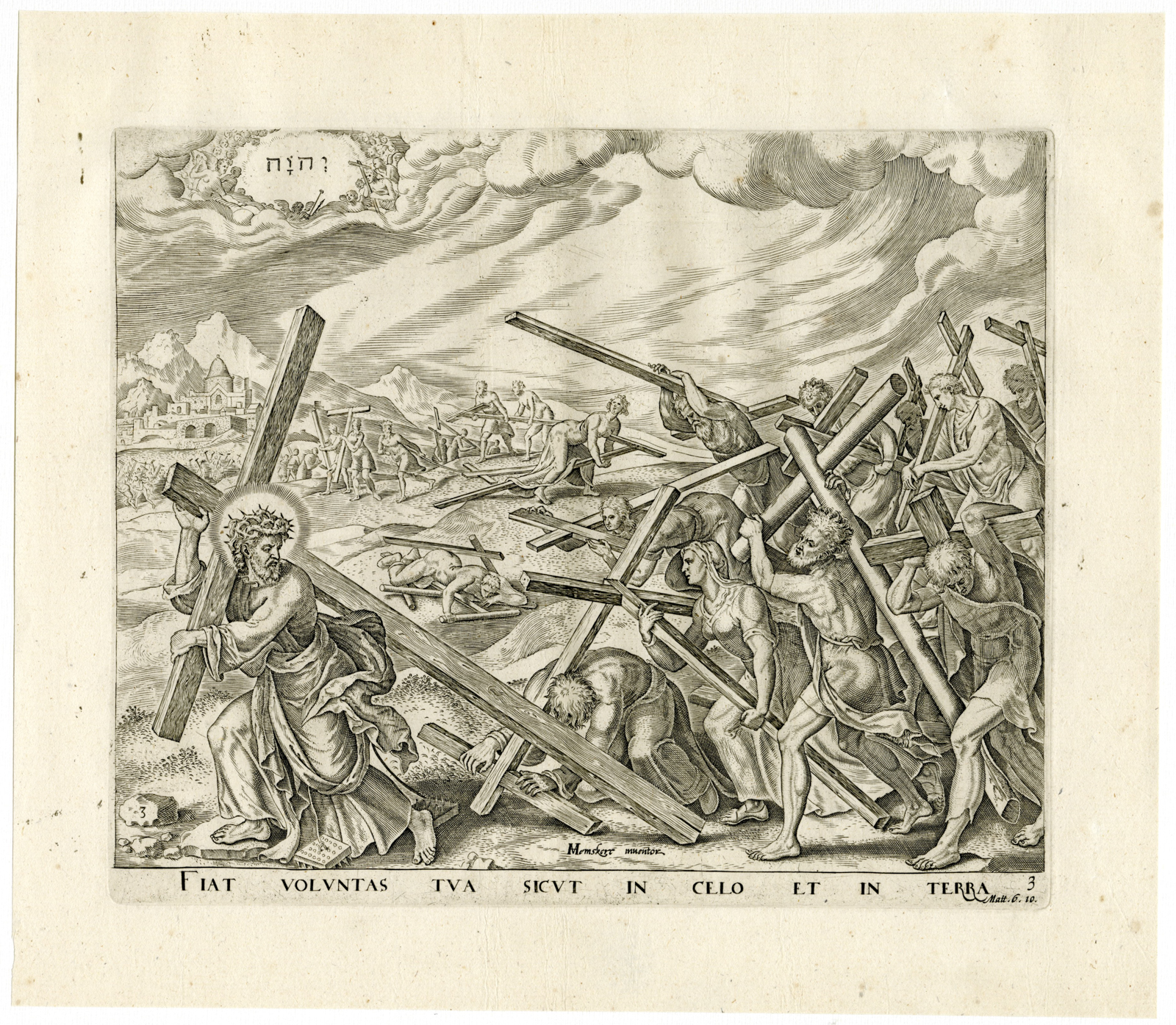 , Antique Master Print-THY-WILL-BE-DONE-OUR FATHER-Wierix-Heemskerck-1643, Pictura Antique Prints