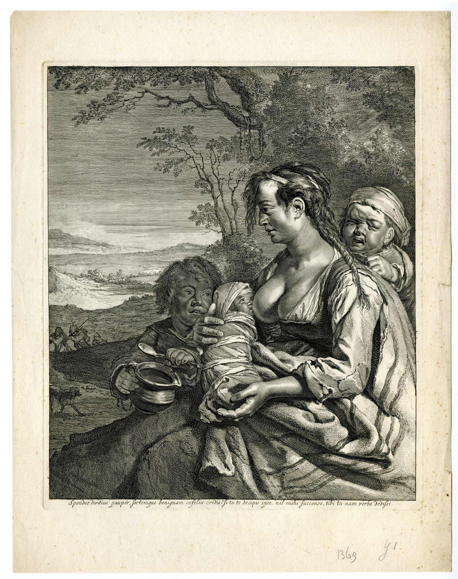 , Antique Print-FAMALE GYPSY BREASTFEEDING-ROMA-Visscher-1638-1670, Pictura Antique Prints