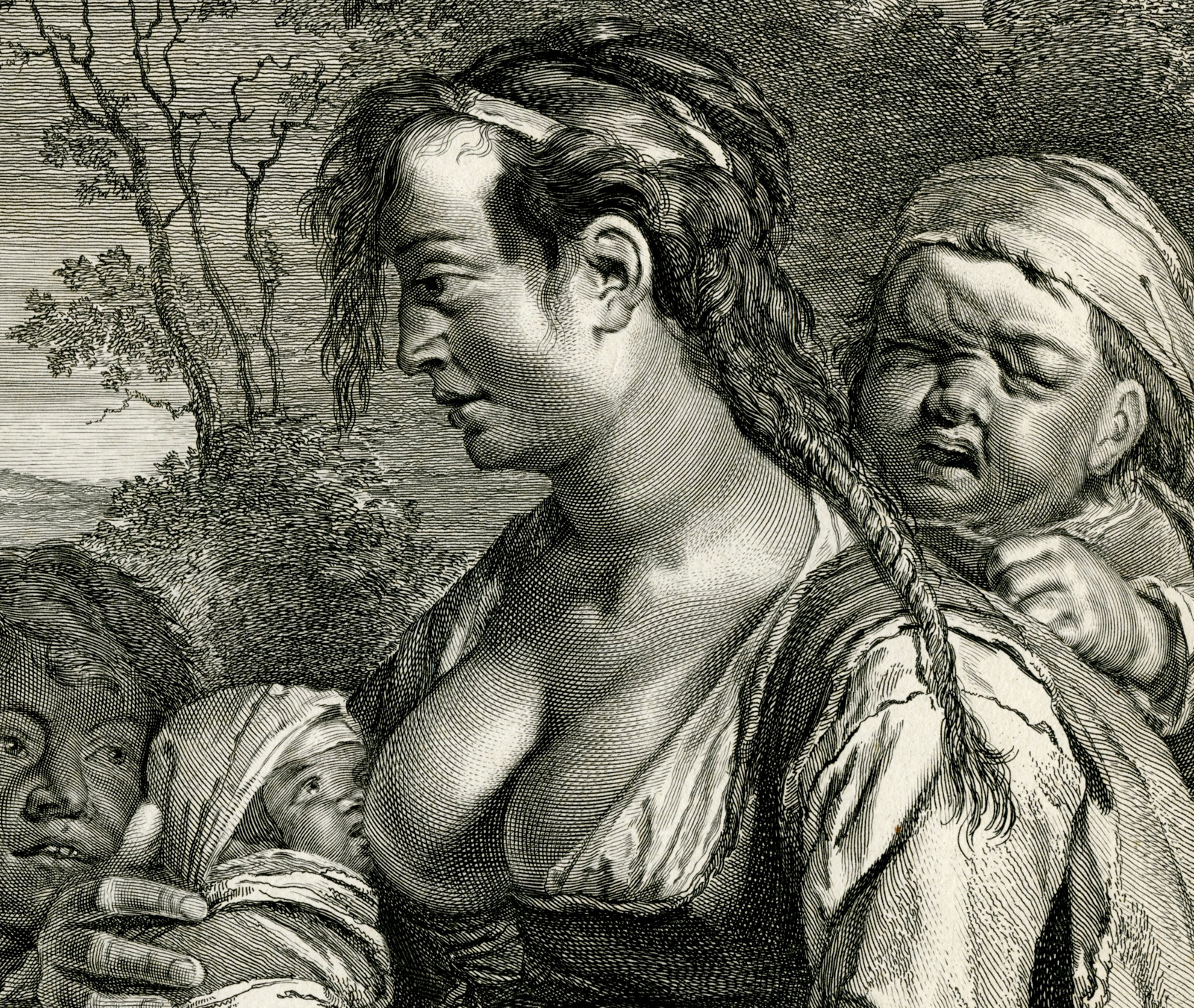 , Antique Print-FAMALE GYPSY BREASTFEEDING-ROMA-Visscher-1638-1670, Pictura Antique Prints