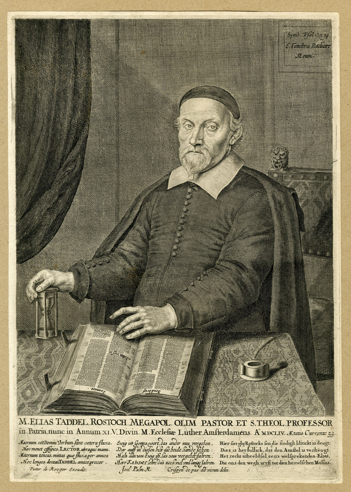 Pco 27796 416x583 Antique Master Print-ELIAS-TADDEL-HOURGLASS-THEOLOGICAL SCHOLAR-de Passe-1654