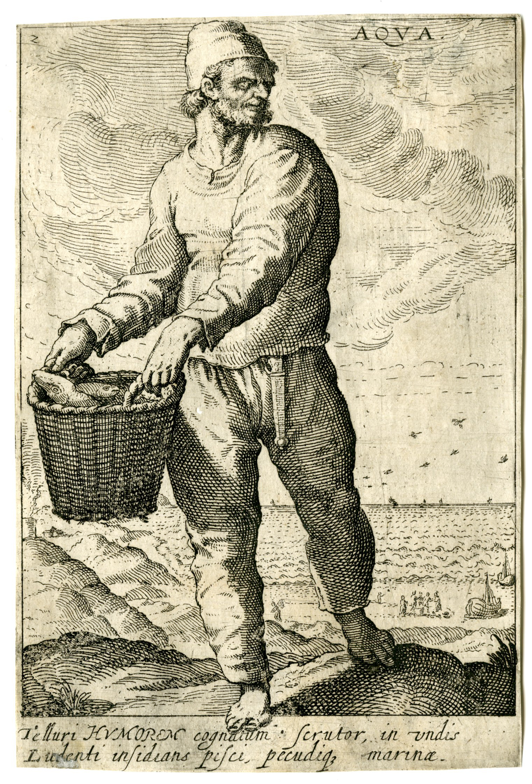 , Rare-Antique Master Print-AQUA-FISHERMAN-WATER-de Bry-Goltzius-after 1597, Pictura Antique Prints