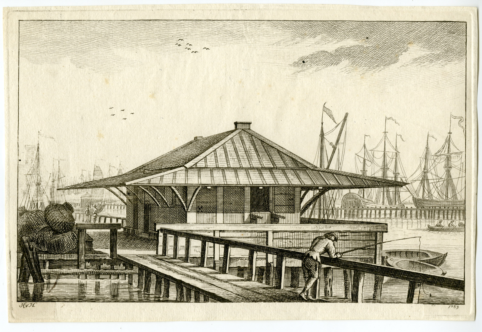 , Antique Master Print-BOTHUISJE-BOAT HOUSE-AMSTERDAM-IJ-van Hilten-1769, Pictura Antique Prints
