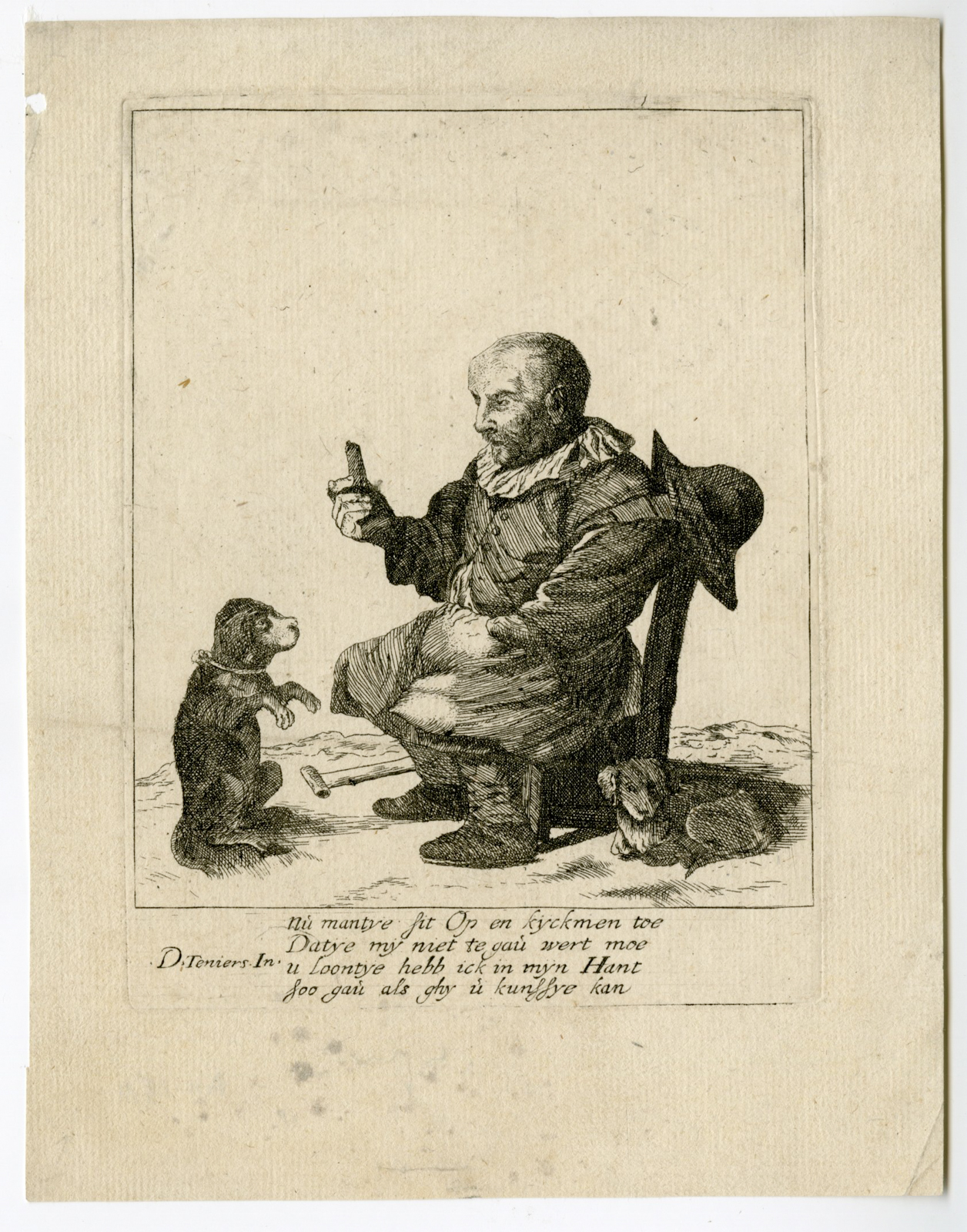 , Antique Master Print-MAN-TRAINING-DOG-Boel-Teniers-1630?1668, Pictura Antique Prints
