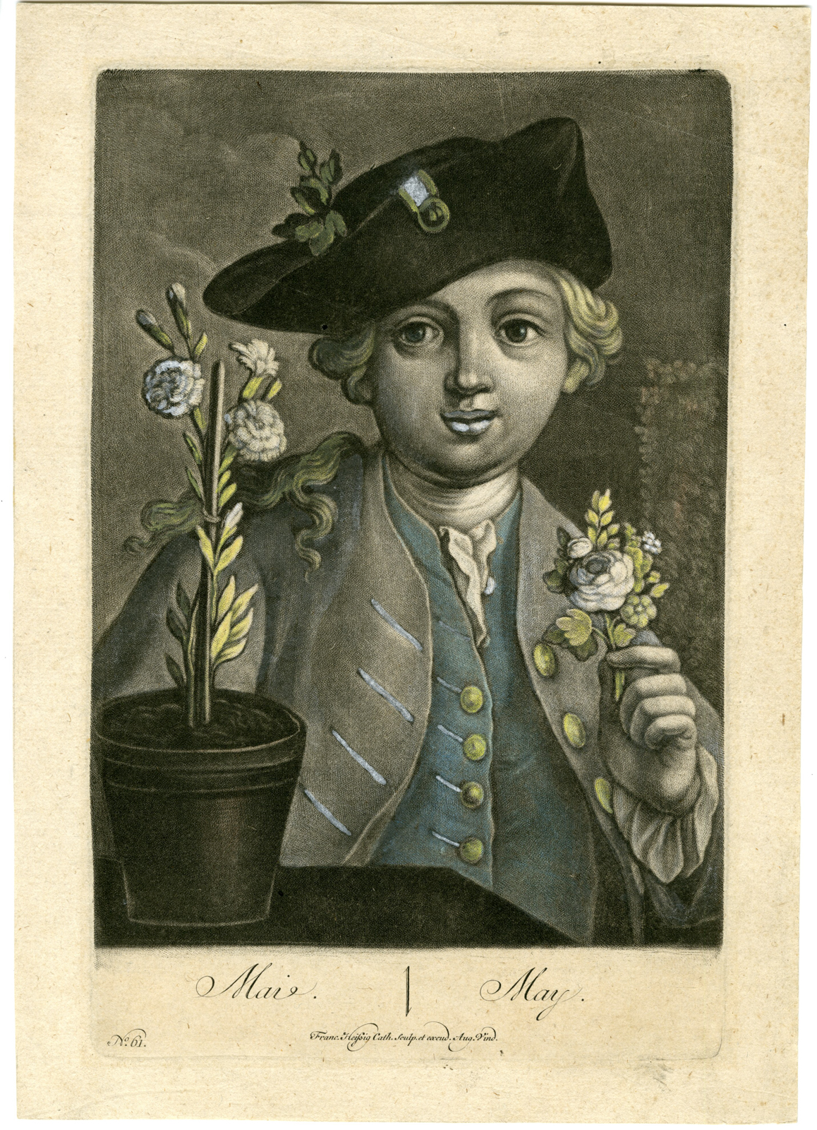 , Antique Master Print-MAY-ALLEGORY-ROSE-CARNATION-Heissig-c.1770, Pictura Antique Prints