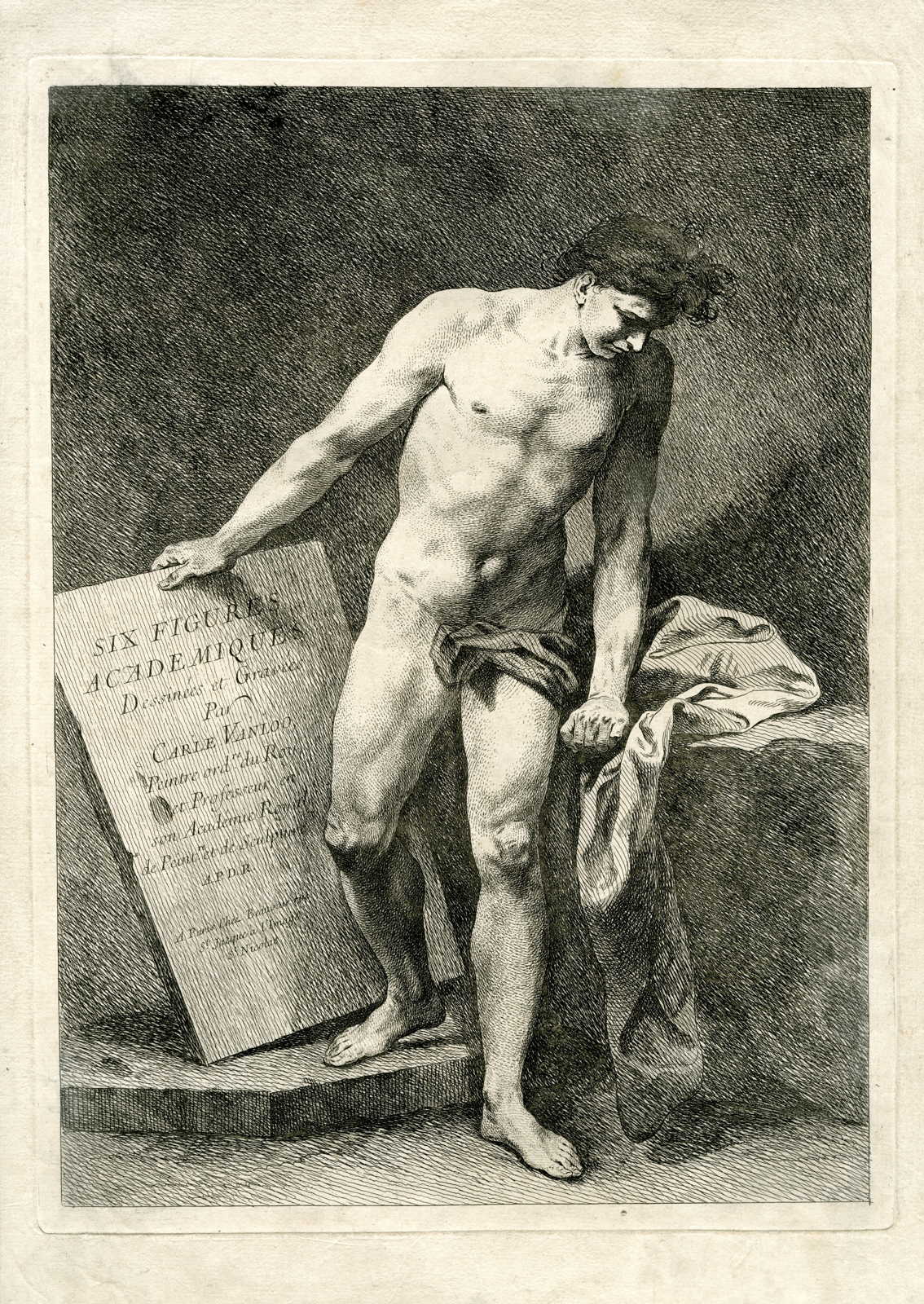 , Antique Master Print-ACADEMIC DESIGN FIGURES-TITLE PLATE-Vanloo-1742-1743, Pictura Antique Prints