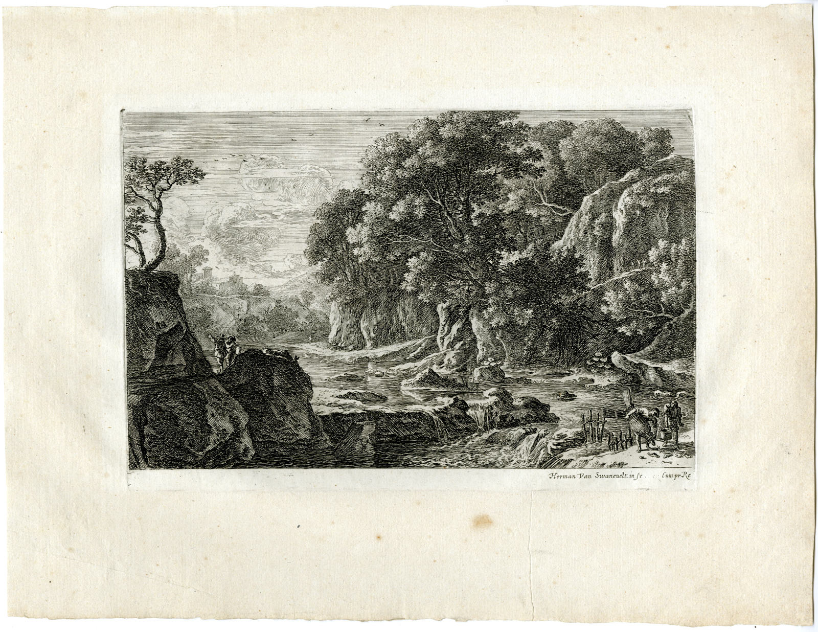 , Antique Master Print-FISHERMEN-RIVER-PASTORAL LANDSCAPE-Swanevelt-17th century, Pictura Antique Prints