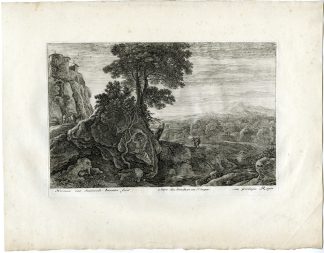 Antique Master Print-CASTLE-ROCK-PASTORAL LANDSCAPE-Van Swanevelt-17th century