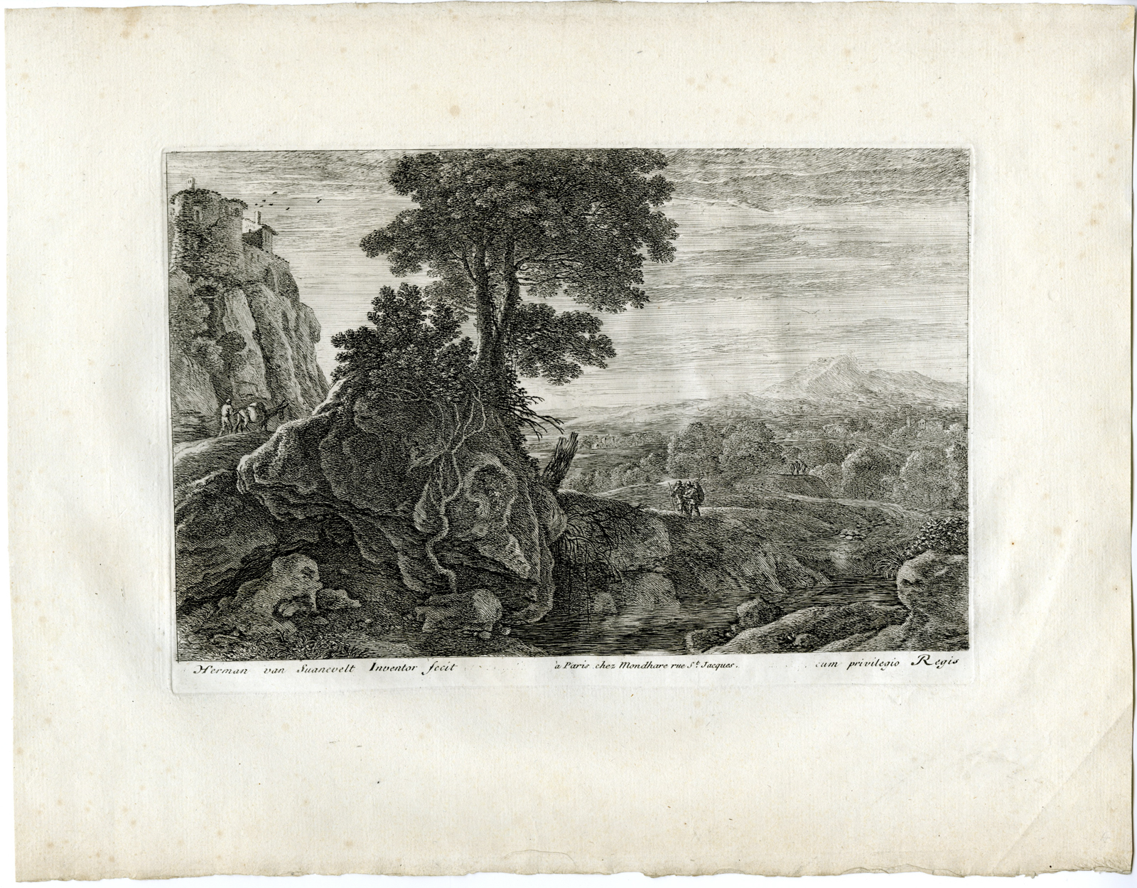 , Antique Master Print-CASTLE-ROCK-PASTORAL LANDSCAPE-Van Swanevelt-17th century, Pictura Antique Prints
