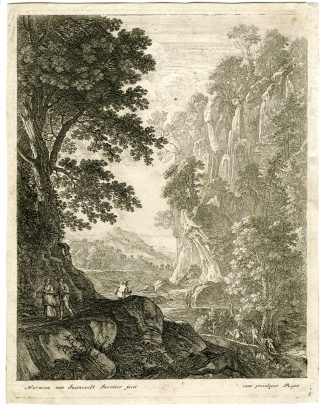 Antique Master Print-MOUNTAIN-LANDSCAPE-WITH-WATERFALL-Van Swanevelt-1650?1655