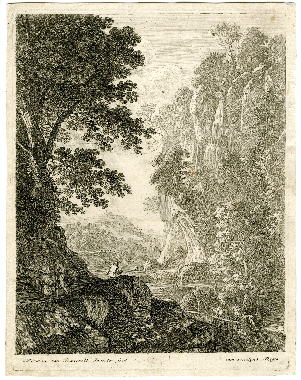 , Antique Master Print-MOUNTAIN-LANDSCAPE-WITH-WATERFALL-Van Swanevelt-1650?1655, Pictura Antique Prints