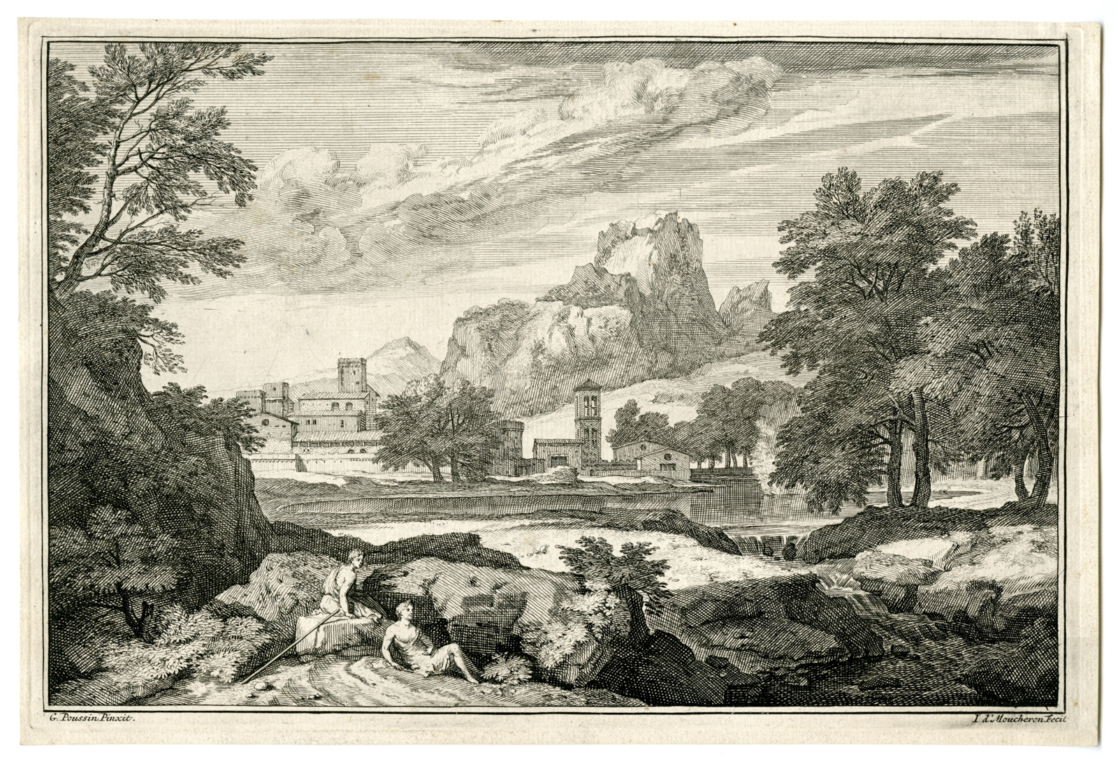 , Antique Master Print-LANDSCAPE-WITH-WATERFALL-CITY-Moucheron-Dughet-1697-1744, Pictura Antique Prints