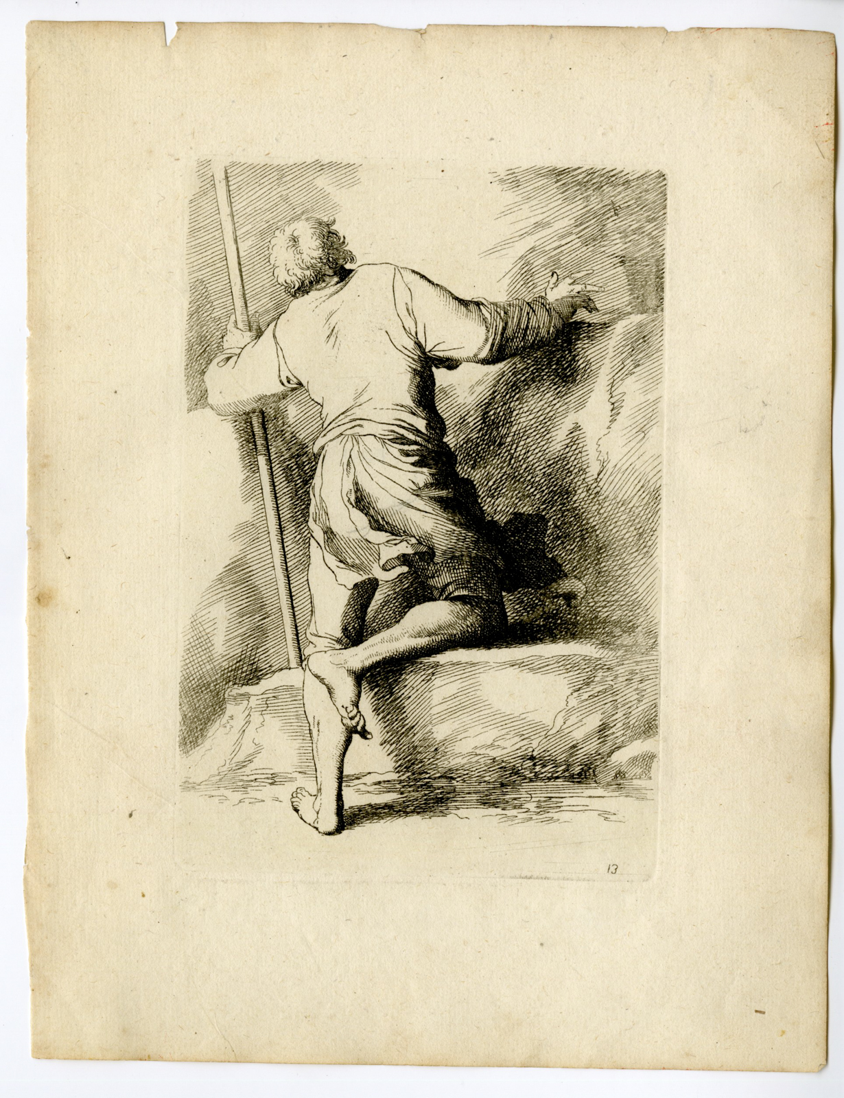 , Antique Master Print-WALKING-STICK-LEANING-MAN-Poilly-Rosa-c.1660, Pictura Antique Prints