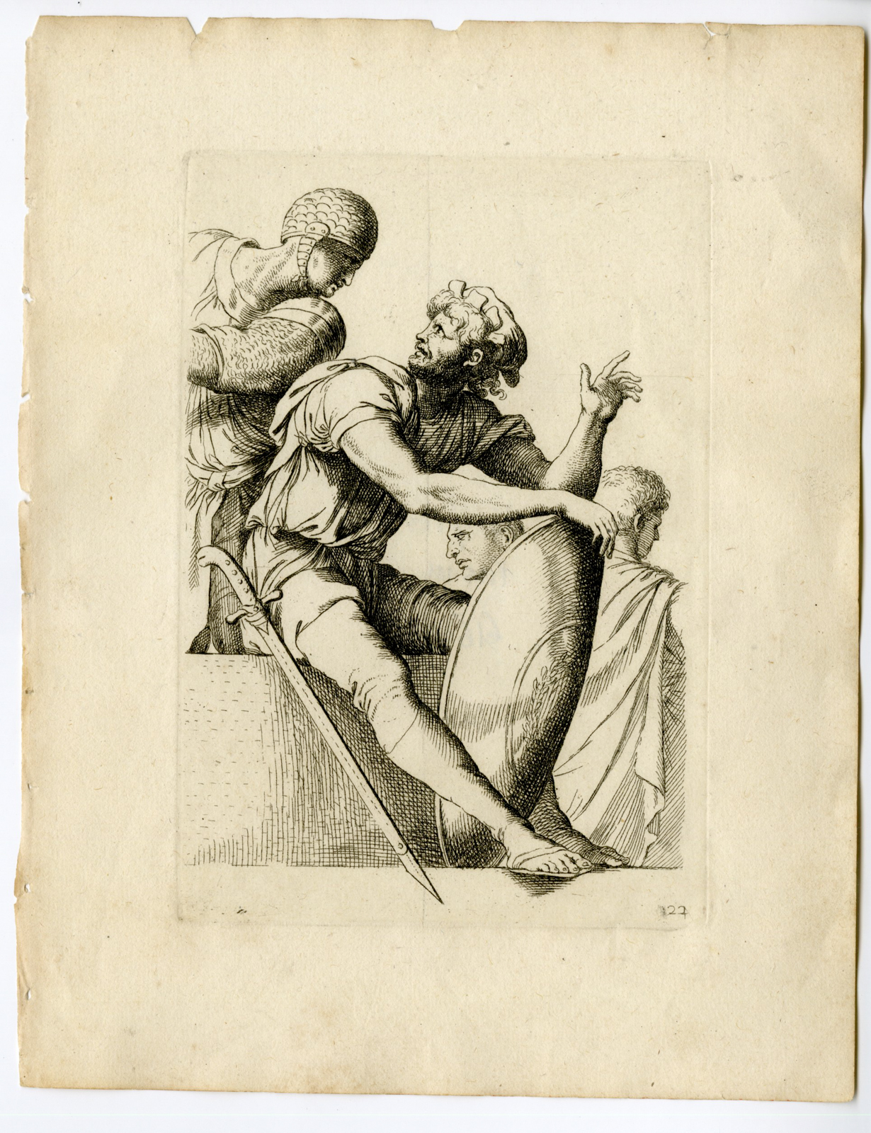 , Antique Master Print-MAN-SEATED-SHIELD-SOLDIER-Poilly-Rosa-c.1660, Pictura Antique Prints