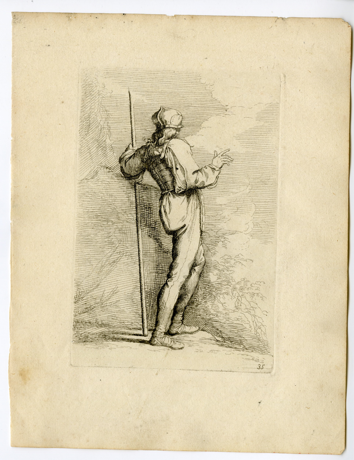 , Antique Master Print-SOLDIER-SPEAR-Poilly-Rosa-c.1660, Pictura Antique Prints