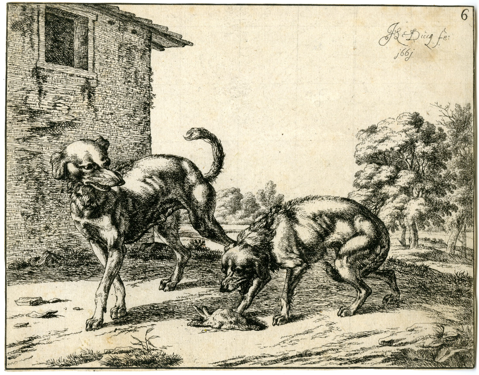 , Antique Master Print-JEALOUS DOGS-ETCHING-LES-CHIENS-Le Ducq-1661, Pictura Antique Prints