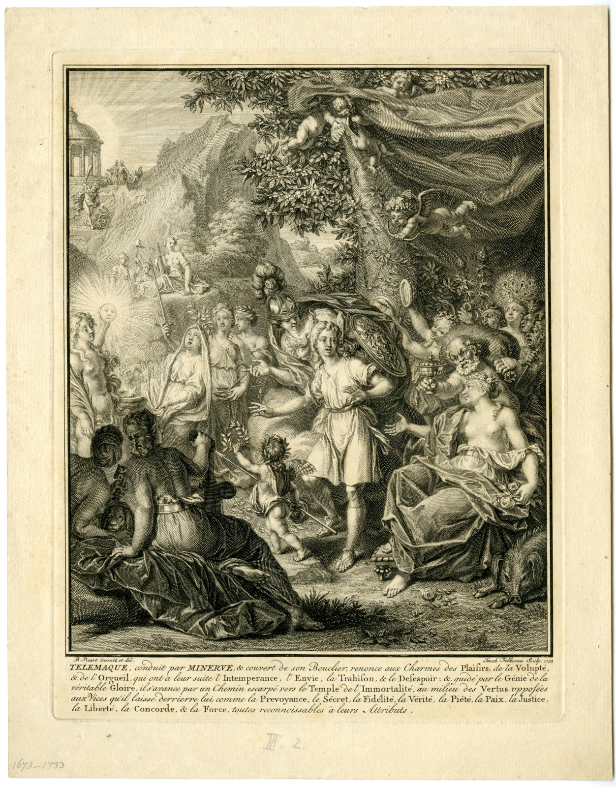 , Antique Print-ALLEGORICAL-TELEMACHUS-MINERVA-Folkema-Picart-1733, Pictura Antique Prints