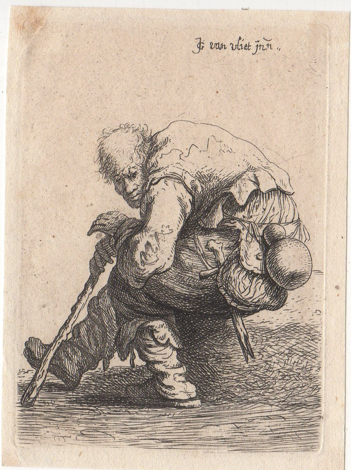 , Antique Master Print-SITTING BEGGAR-STICK-MAN-RAGS-Vliet-1825, Pictura Antique Prints
