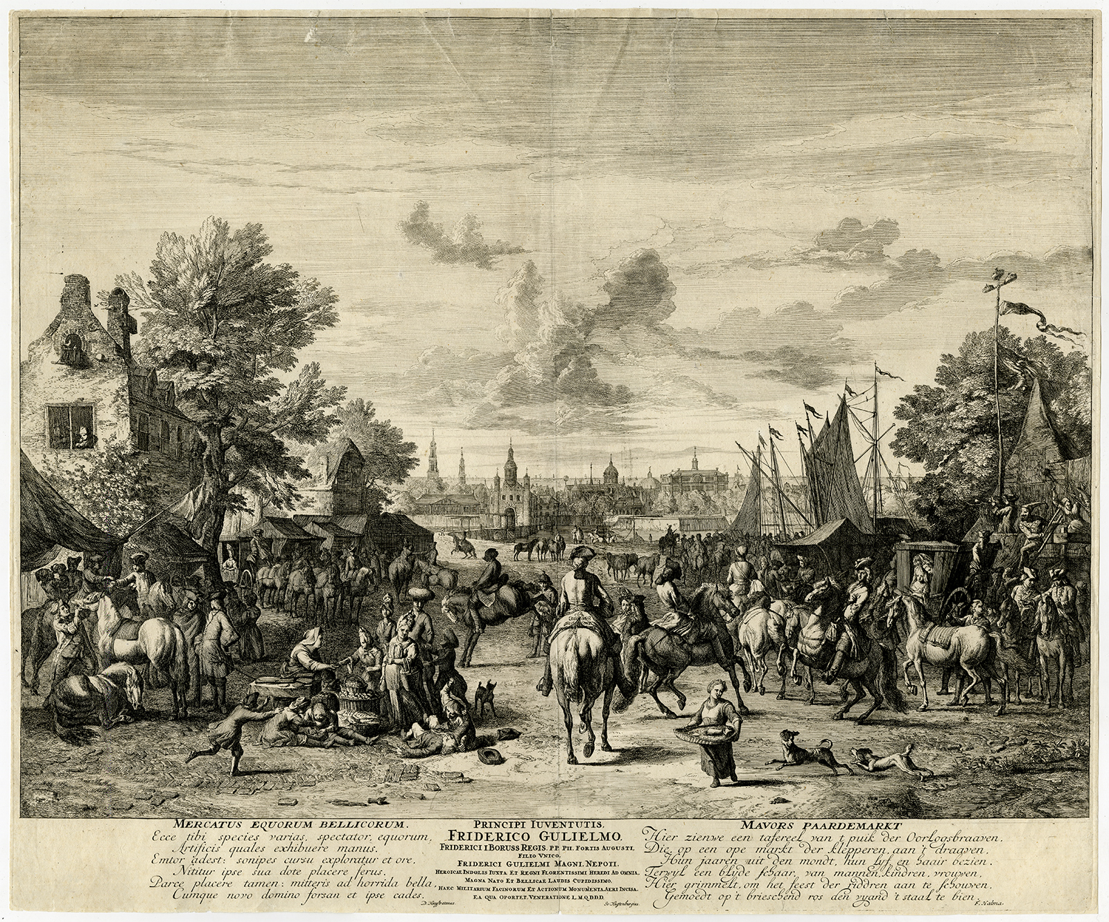 , Antique Master Print-HORSE-MARKET-GENRE-FAIR-Huchtenburg-ca. 1690, Pictura Antique Prints
