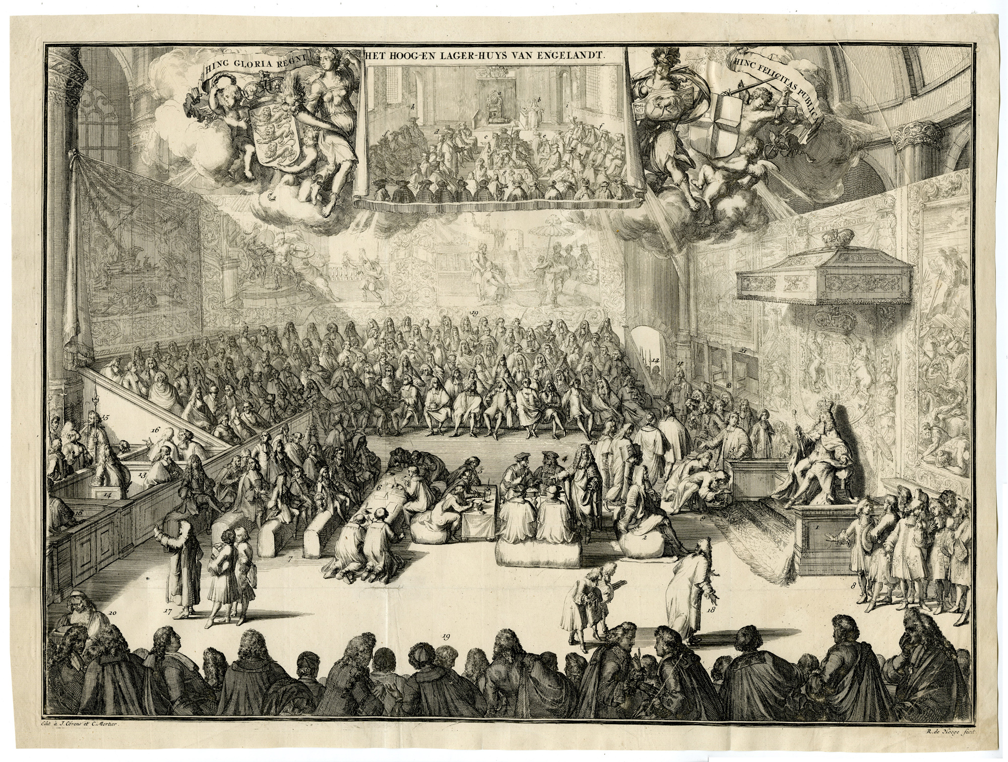 , Antique Master Print-ENGLISH-PARLIAMENT-WILLIAM-III-GEORGE II-de Hooghe-1728, Pictura Antique Prints