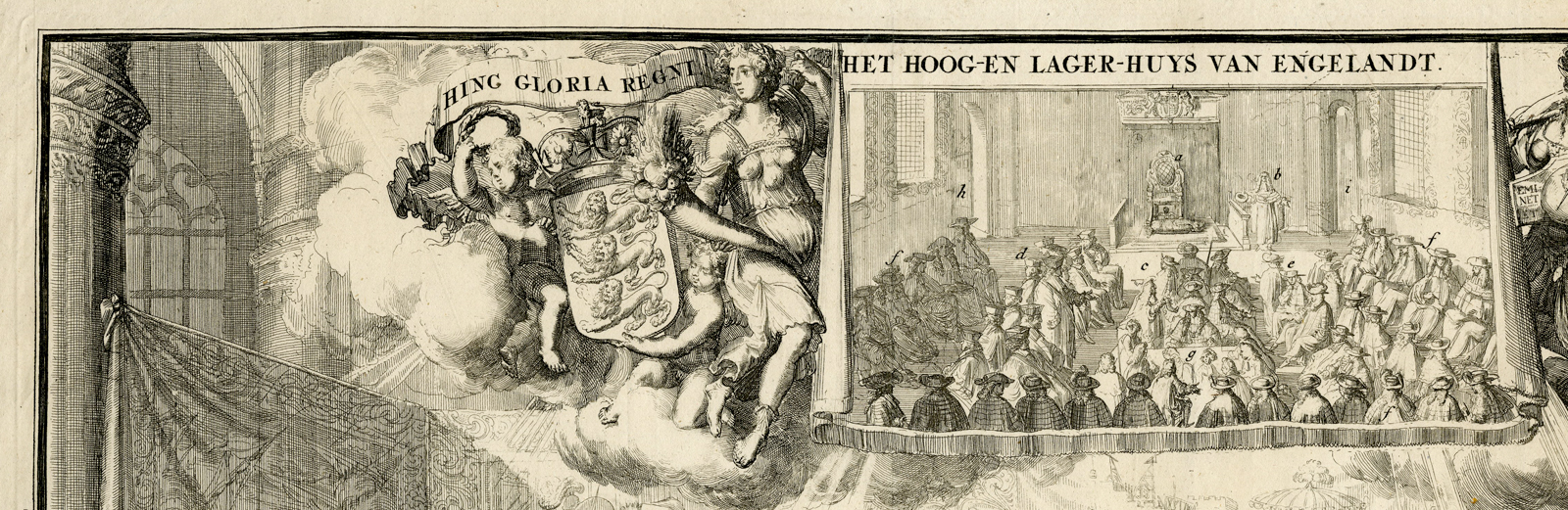 , Antique Master Print-ENGLISH-PARLIAMENT-WILLIAM-III-GEORGE II-de Hooghe-1728, Pictura Antique Prints