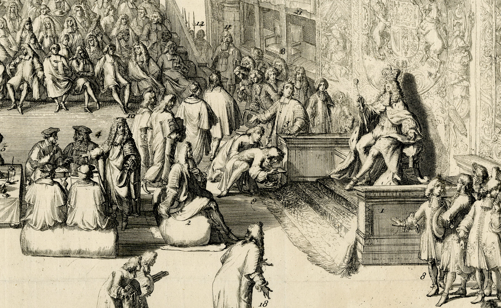 , Antique Master Print-ENGLISH-PARLIAMENT-WILLIAM-III-GEORGE II-de Hooghe-1728, Pictura Antique Prints